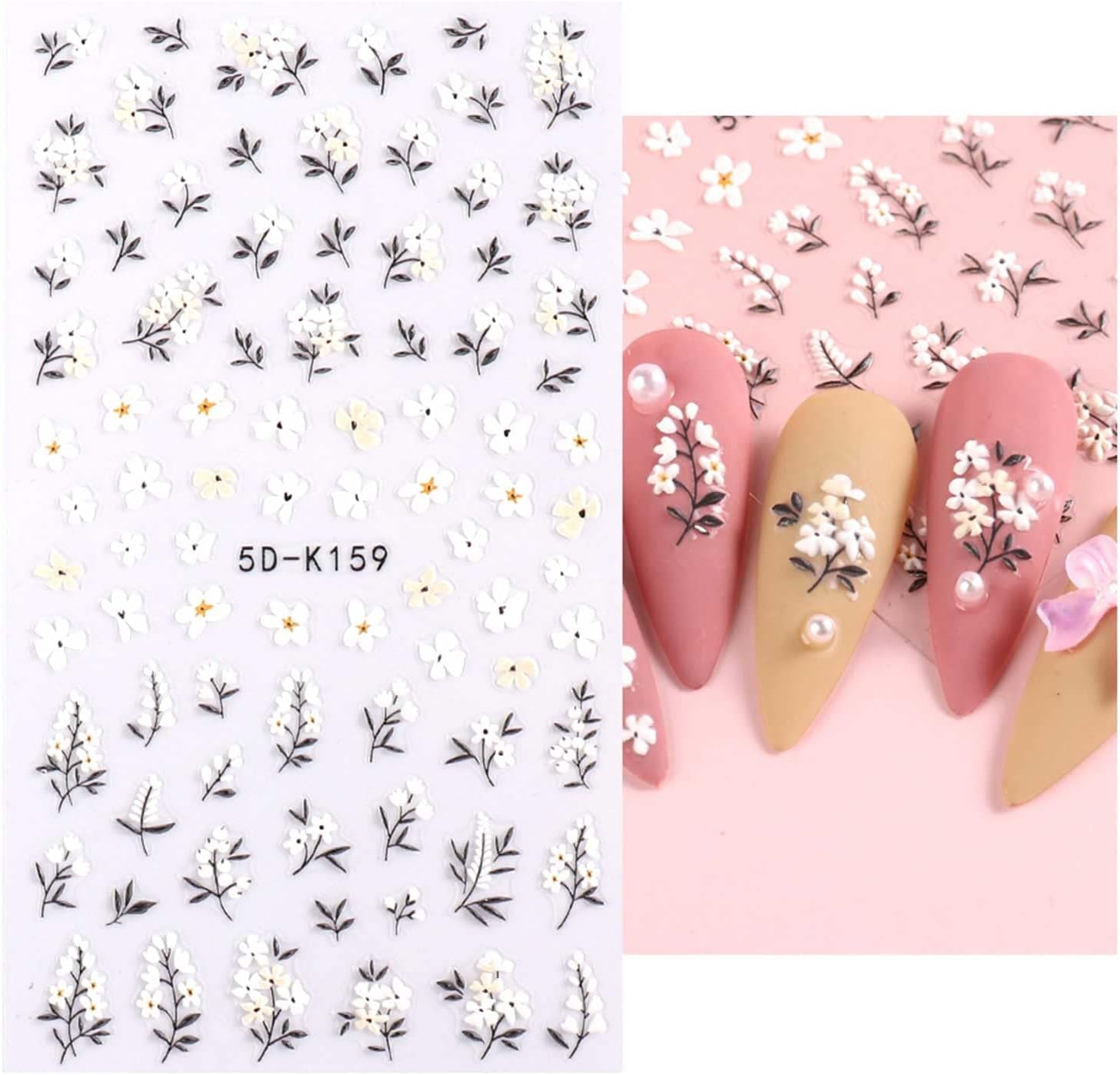JMEOWIO 3D Nagelsticker Frühling Blumen 5 Blatt Nagelaufkleber 5D Stereoskopisch Selbstklebend Bunte Blüte Nail Art Sticker Decoratie Nageldesign Zubehör