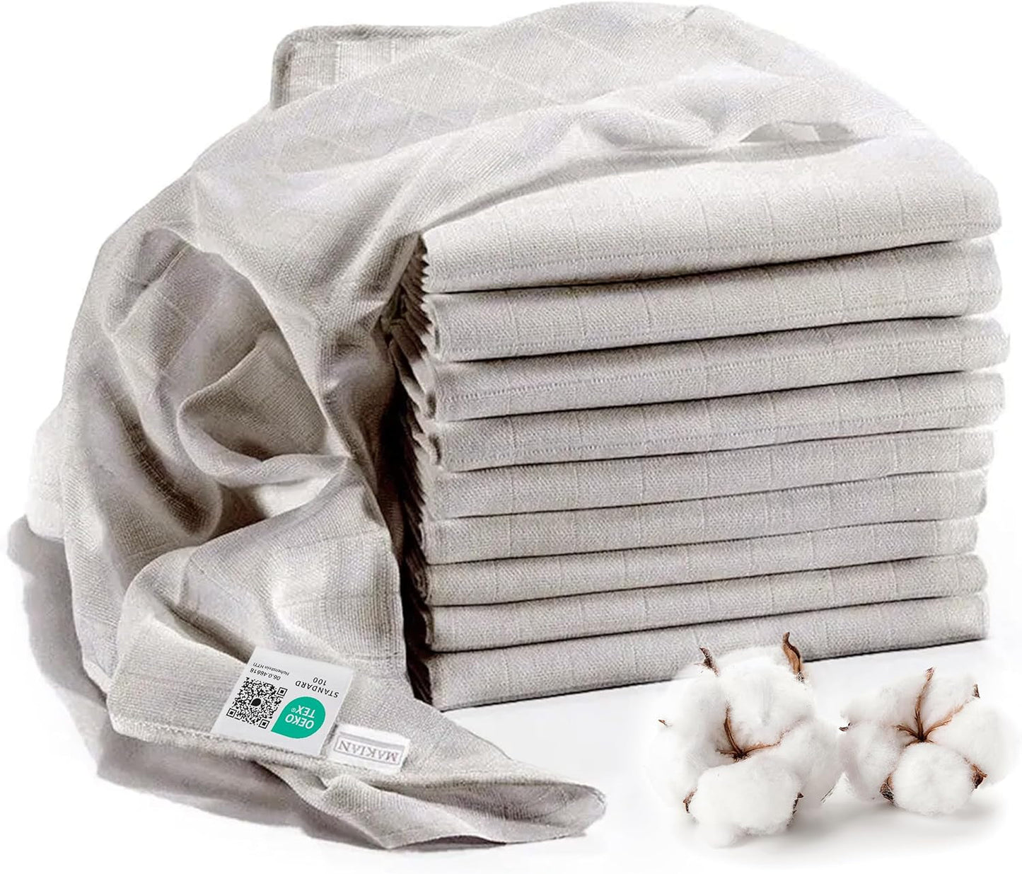 MAKIAN Mousseline Vierkantjes, 10 Stuks, 80x80cm, Oeko-TEX® Standaard 100 Gecertificeerd, 10 Premium Spuugdoekjes - Dubbel Geweven Stoffen Vierkantjes / Mousseline Vierkantjes, Kookbestendig - Wit