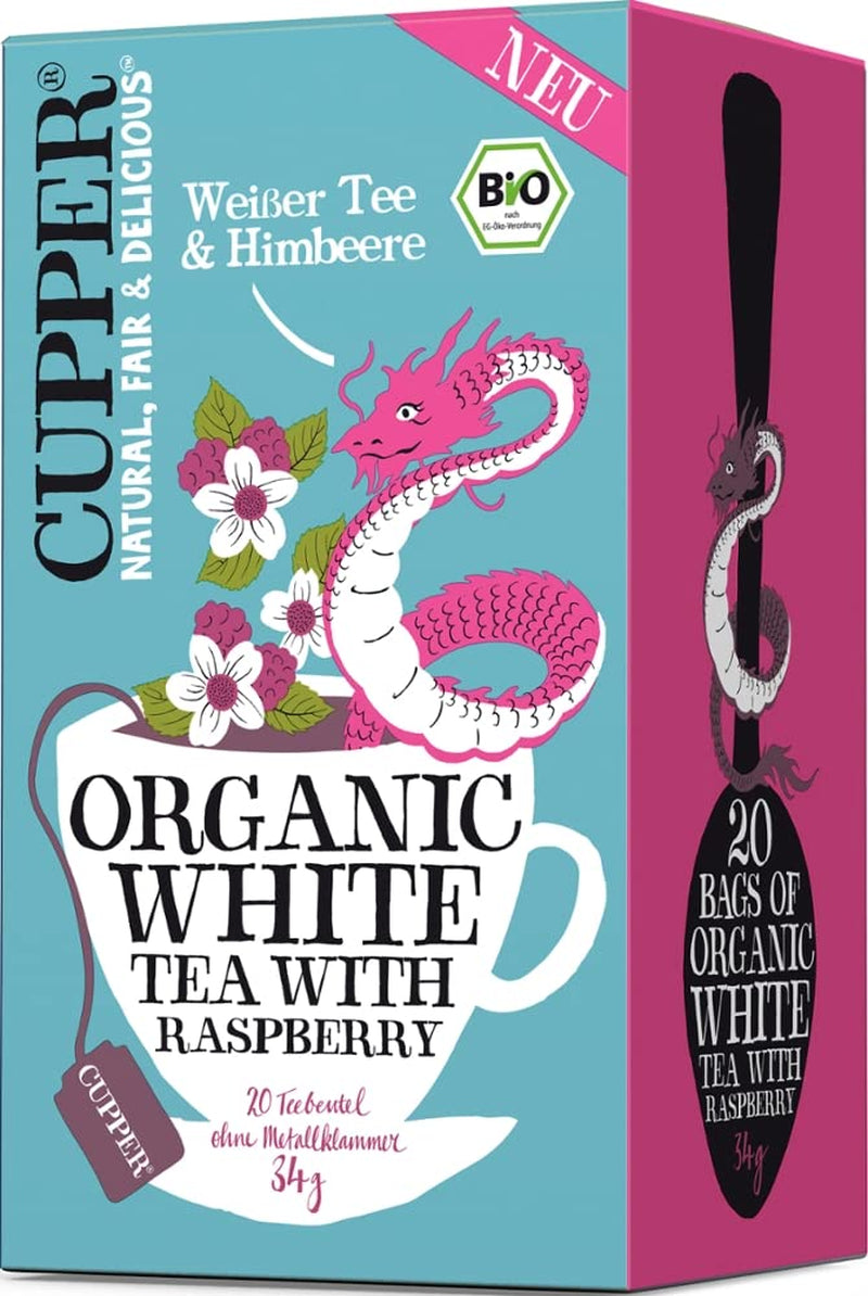 Cupper biologische witte thee, framboos, 20 zakjes, 34 g (pak van 4)