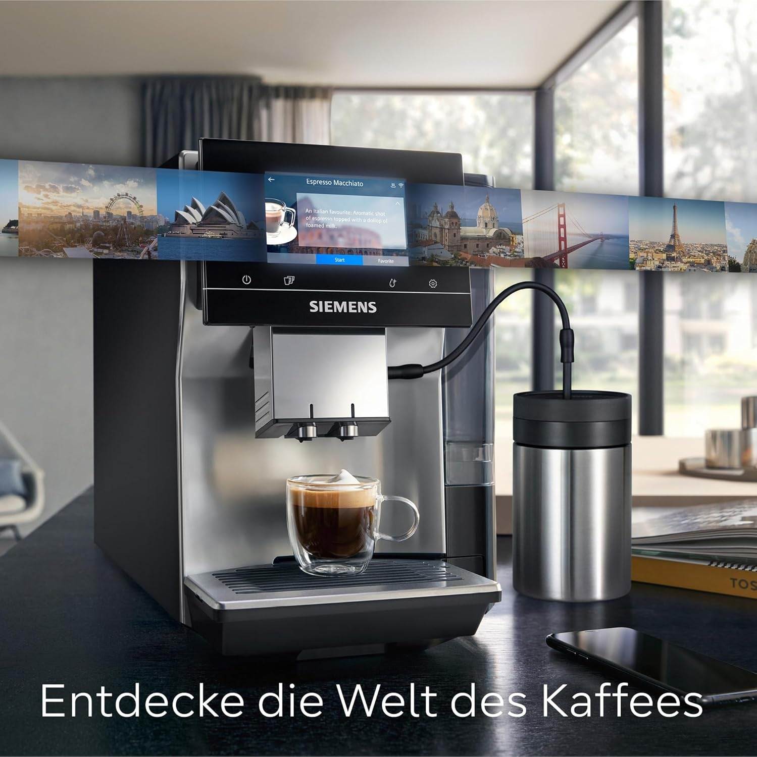 Automatische espressomachine Siemens EQ700 classic TP715D01, app-bediening, cold brew, intuïtief touchdisplay, tot 10 individuele koffiecreaties als favoriet, automatische stoomreiniging, 1500 W, zilvergrijs