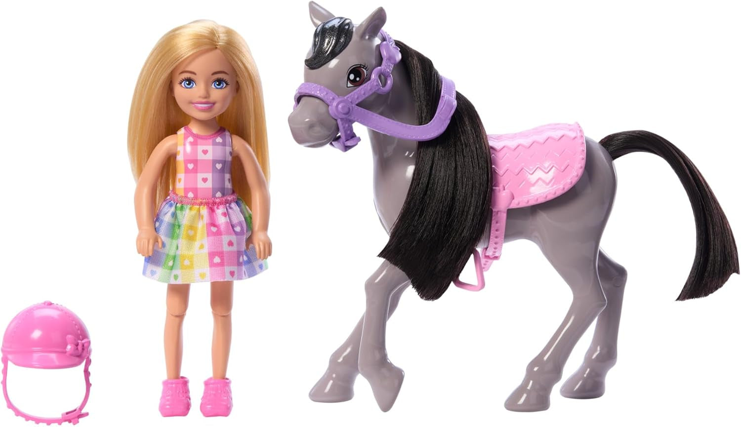 Barbie-pop Chelsea en pony's - Maak je gordel vast om veilig te spelen en te rijden, roze zadel en trapje, inclusief helm en schattige geruite jurk, vanaf 3 jaar, HTK29