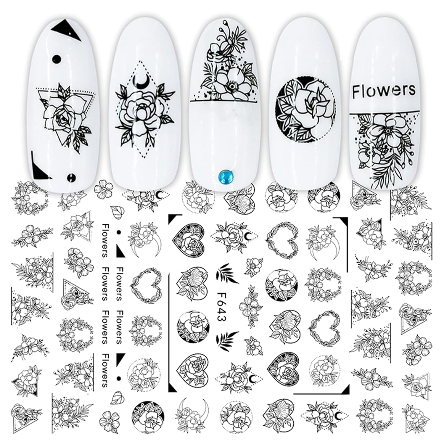 JMEOWIO Nagelsticker Geometrie 10 Blatt Nagelaufkleber Selbstklebend Schwarzes Herz Unregelmäßig Geformt Nail Art Sticker Decoratie Nageldesign Zubehör