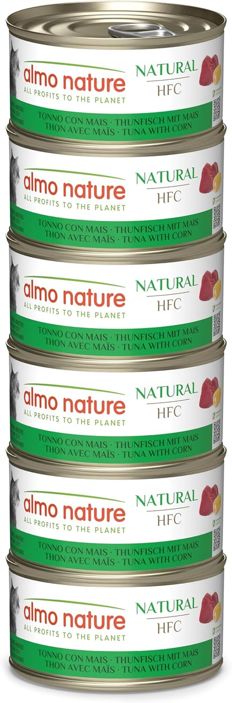 Almo Nature HFC Natural - Natvoer voor volwassen katten - Tonijn en maïs - Menselijke kwaliteit, glutenvrij - 6 x 70g