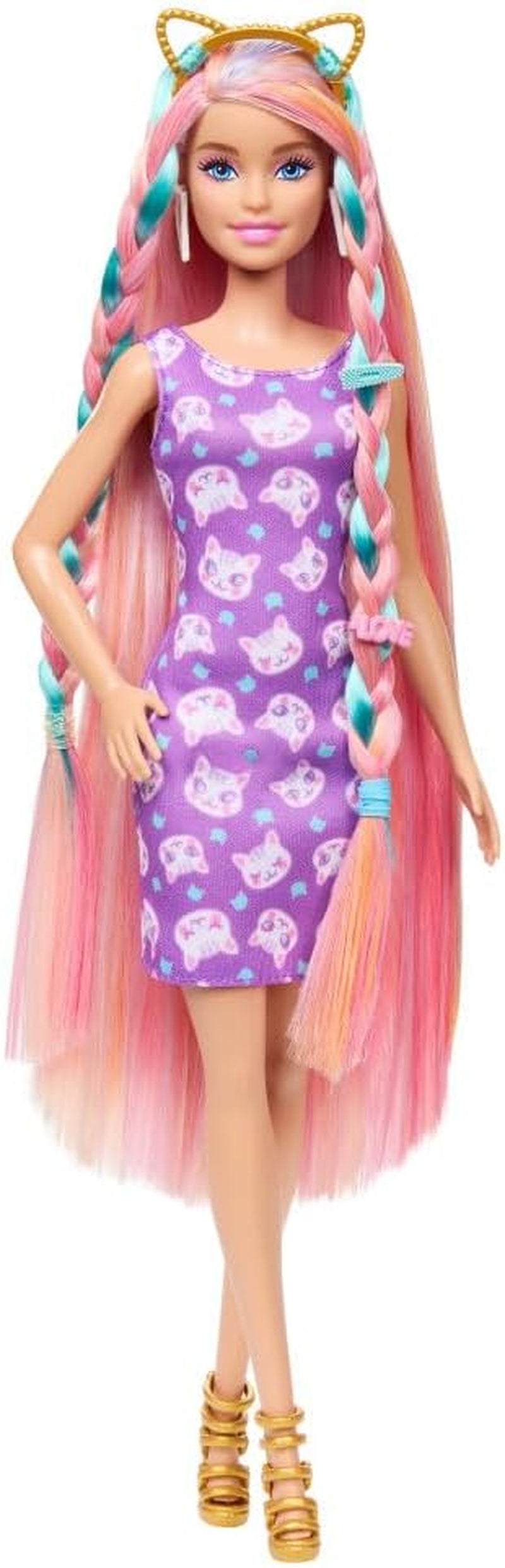Barbie Totally Hair - Pop met gemakkelijk te stylen, extra lang regenbooghaar en 10 mode- en stylingaccessoires, jurk met stippen in kleurblokken, voor kinderen vanaf 3 jaar, HKT96