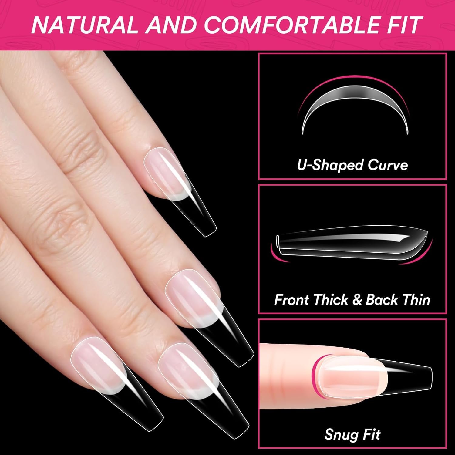 Alyvisun Ballet nageltips, 500 stuks volledig dekkende acryl nageltips met 240 stuks nagelstickers set, 10 maten transparante gelnageltips Zachte gelnageltips Ballerina nageltips