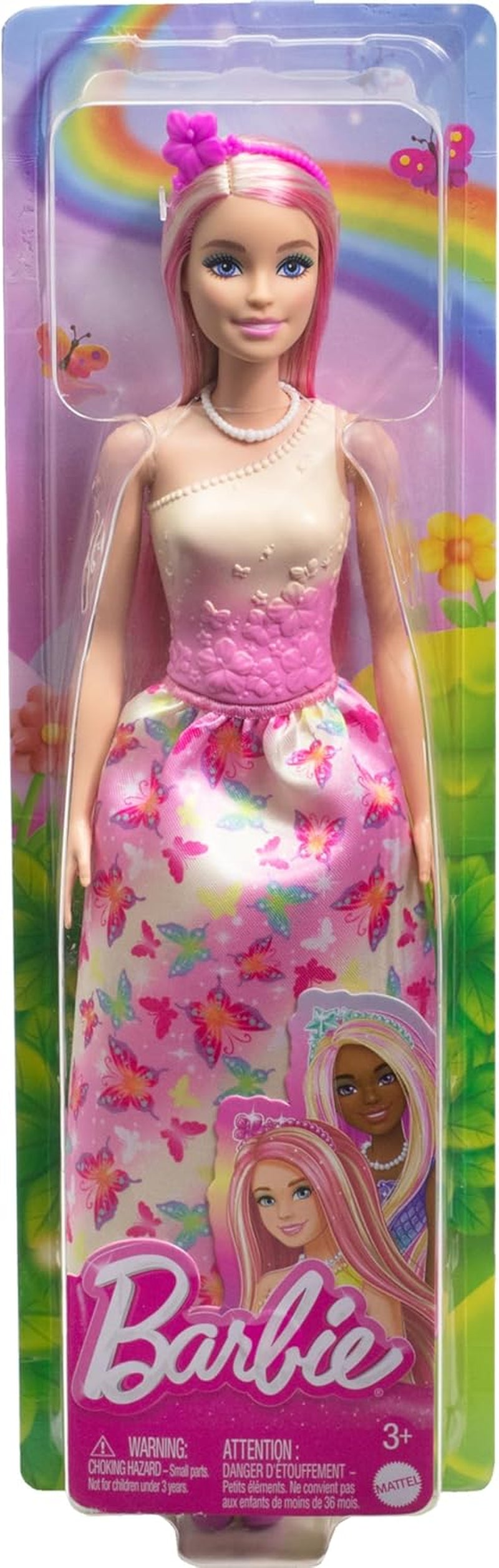 Koninklijke Barbie-pop met blond en roze fancy haar, kleurrijke accessoires, roze topje met kleurverloop en vlinderrok, HRR08 Naty Shop-poppen