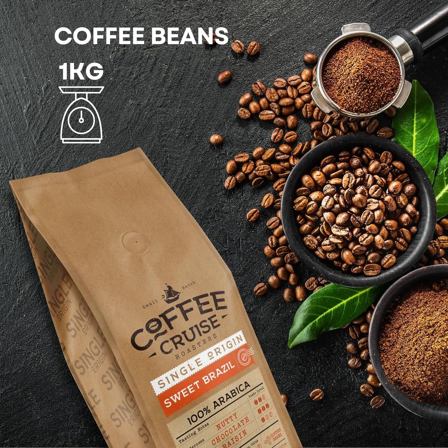 KOFFIECRUISE Sweet Brazil Brasilianische Kaffeebohnen 1kg - Mittlere Röstung - Aroma Kakao en Schokolade - Für All Kaffeemaschinen - 100% Arabisch