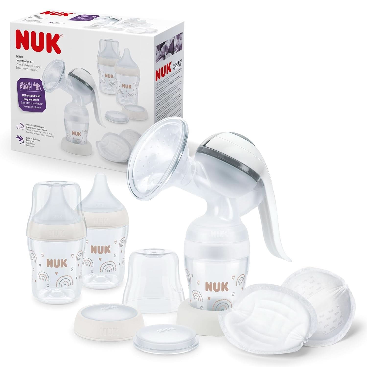 NUK handmatige borstkolfset, zacht siliconenkussen, 2 perfect op elkaar afgestemde flessen, 150 ml Accessoires Voeding en borstvoeding Bebe Naty Shop Handmelkpompset
