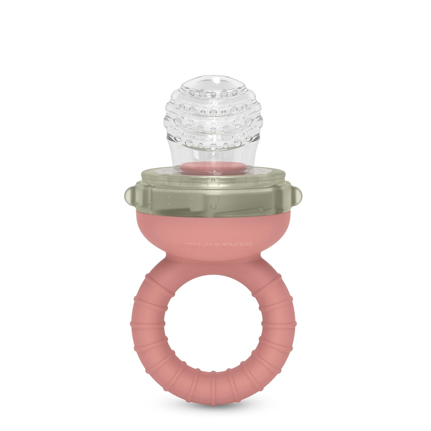 Suavinex Babybijtring, verstikkingsbestendig, food grade, siliconen, met deksel, gemakkelijk schoon te maken, vaatwasmachine- en vriezerbestendig, kalmeert tandvlees, 6 maanden en ouder, roze
