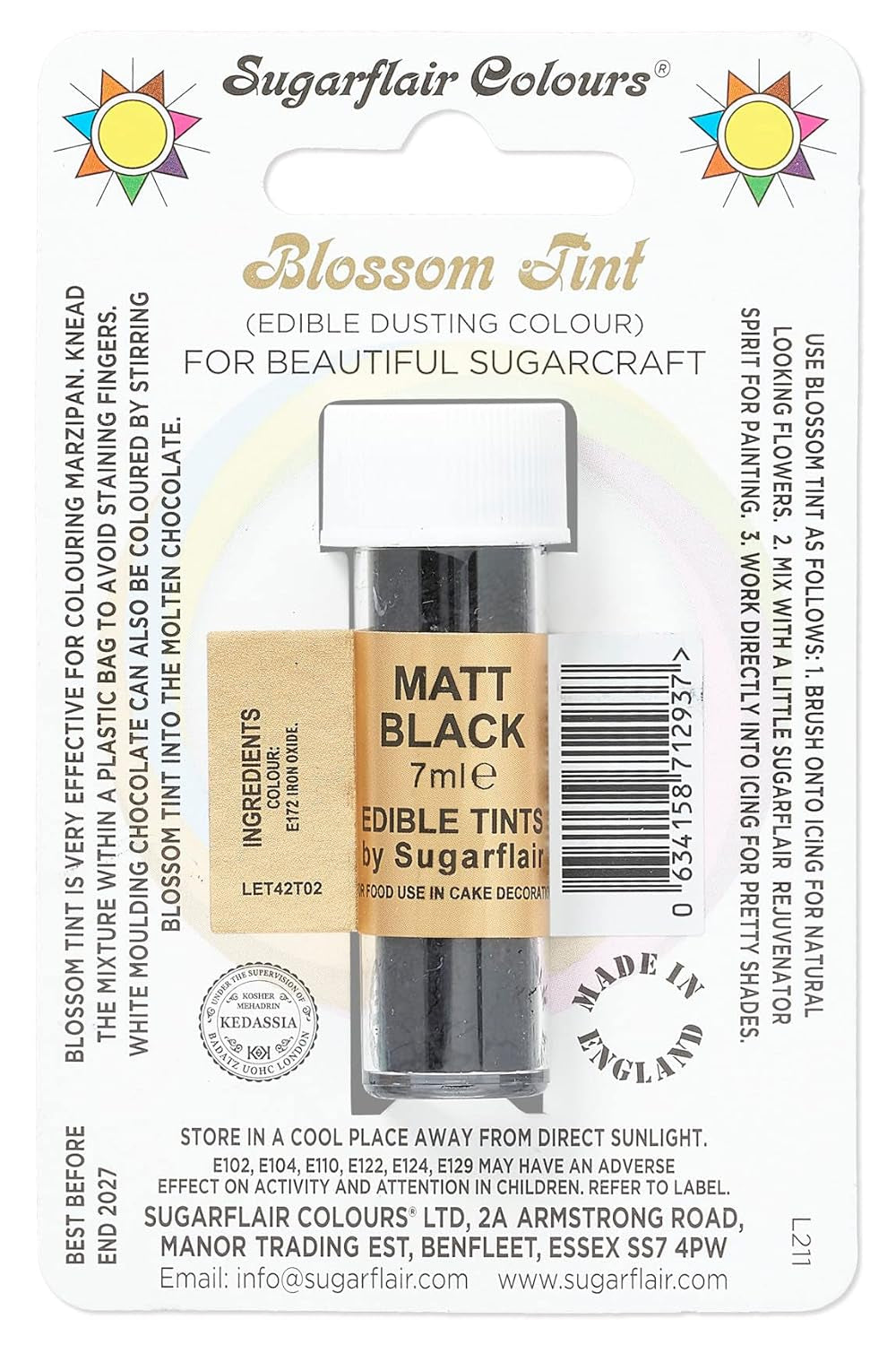Kleurstofpoeder Sugarflair Blossom Tint Dusting, matzwart - Kleurstofpoeder voor het decoreren van gekleurde suikerpasta, fondant, glazuur, chocolade, botercrème, bitterkoekjes - 7ml