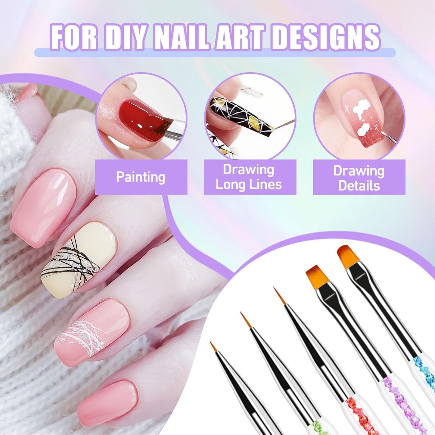 Sullarpek 6 Stück Nagel Pinsel, Nail Art Pinsel, Pinsel Nageldesign, Nagel Pinsel Set, Nail Art Dotting Tools Mit 1 Sponge Brush Applikator, Nageldesign Zubehör Für DIY Nail Art Design