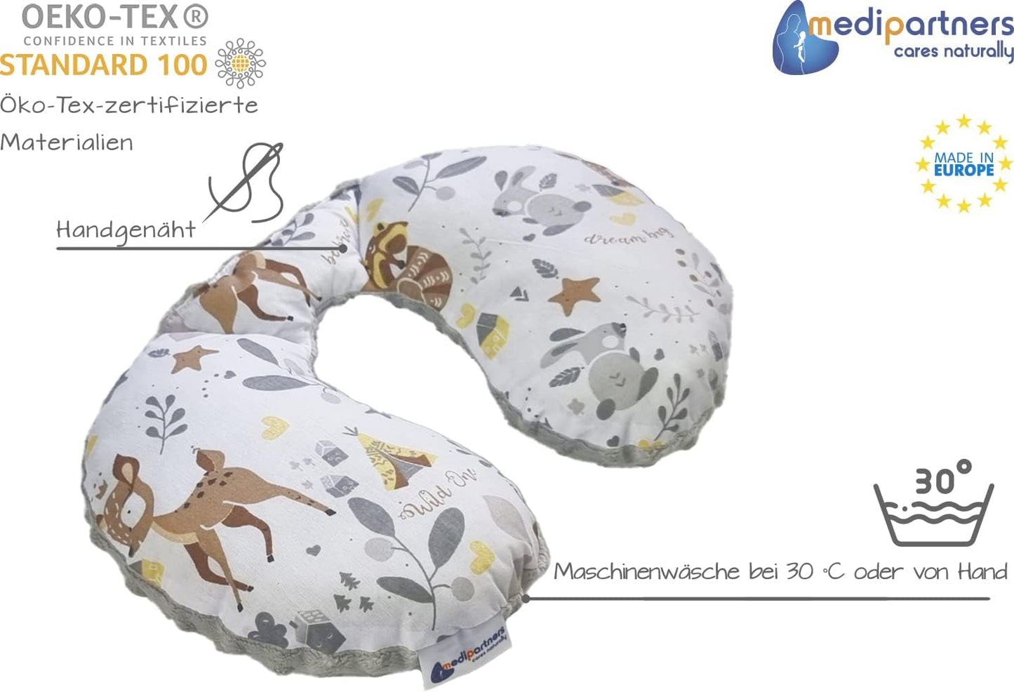 Medi Partners Baby Nekkussen Neksteun 100% Katoen / Minky Baby Nekkussen voor Auto Wandelwagen Reizen Reizen Slaap Nekkussen Snooze Roll (REH met Grijze Minky) Cervicale Orthopedische Kussens Naty Shop