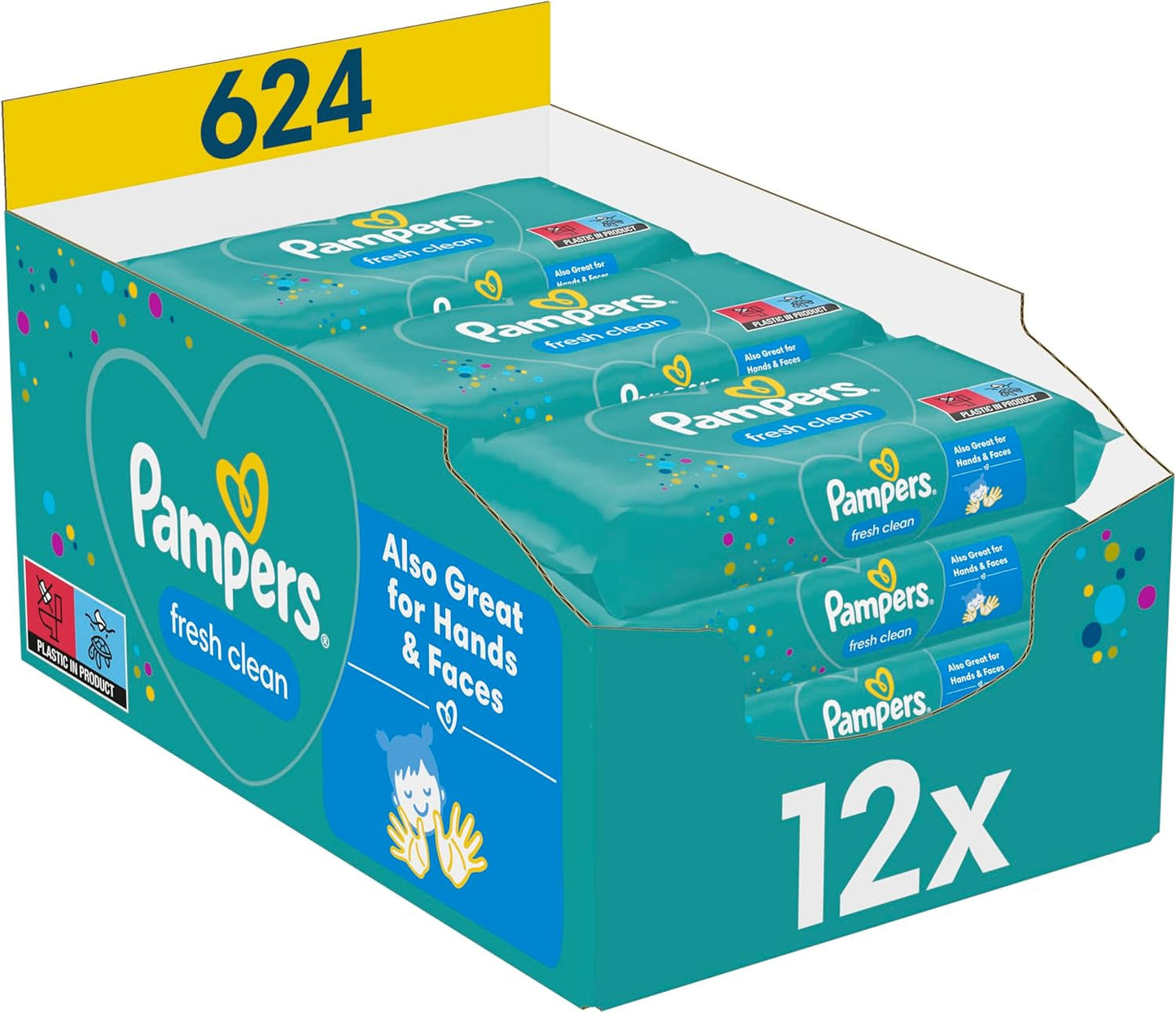 Pampers Fresh Clean vochtige doekjes, 12 verpakkingen van 52 doekjes, totaal 624 doekjes, lichte geur, ook geschikt voor handen en gezicht