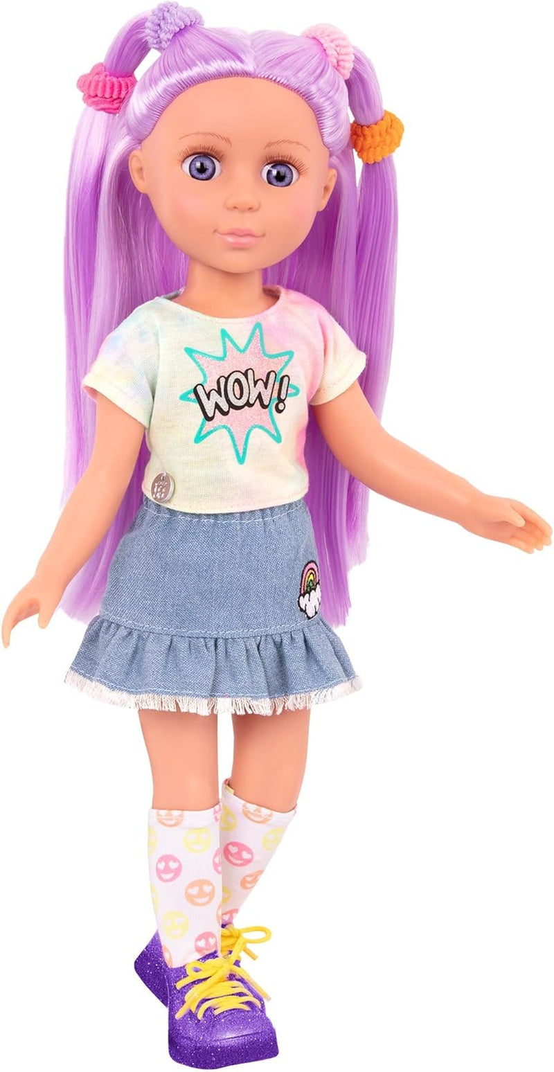 Glitter Girls - Luma - Gelede pop van 36 cm - Uniek paars haar en paarse ogen - Haarextensions, strik, clips en kleurrijke outfit - 3 jaar +