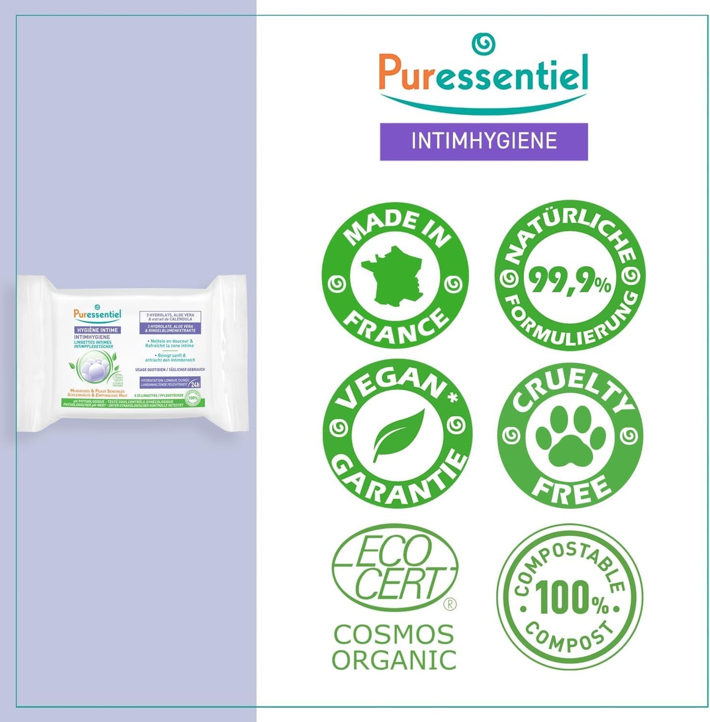 Puressentiel - Intieme hygiëne - Intieme doekjes - Reinigend en verfrissend - Gevoelige slijmvliezen en huid - Langdurige hydratatie 24 uur - Voor dagelijks gebruik - X25 st.