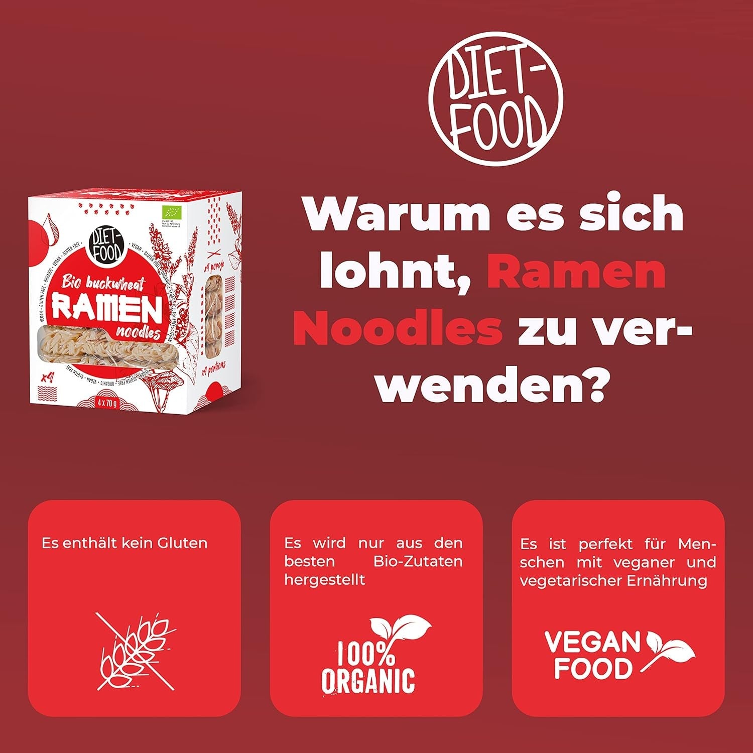 DIET-FOOD Biologische boekweit-ramen-noedels, vegetarisch en veganistisch eten, vetvrij, soja-vrij, glutenvrij, wateroplosbare dieetnoedels, caloriearm, 280g