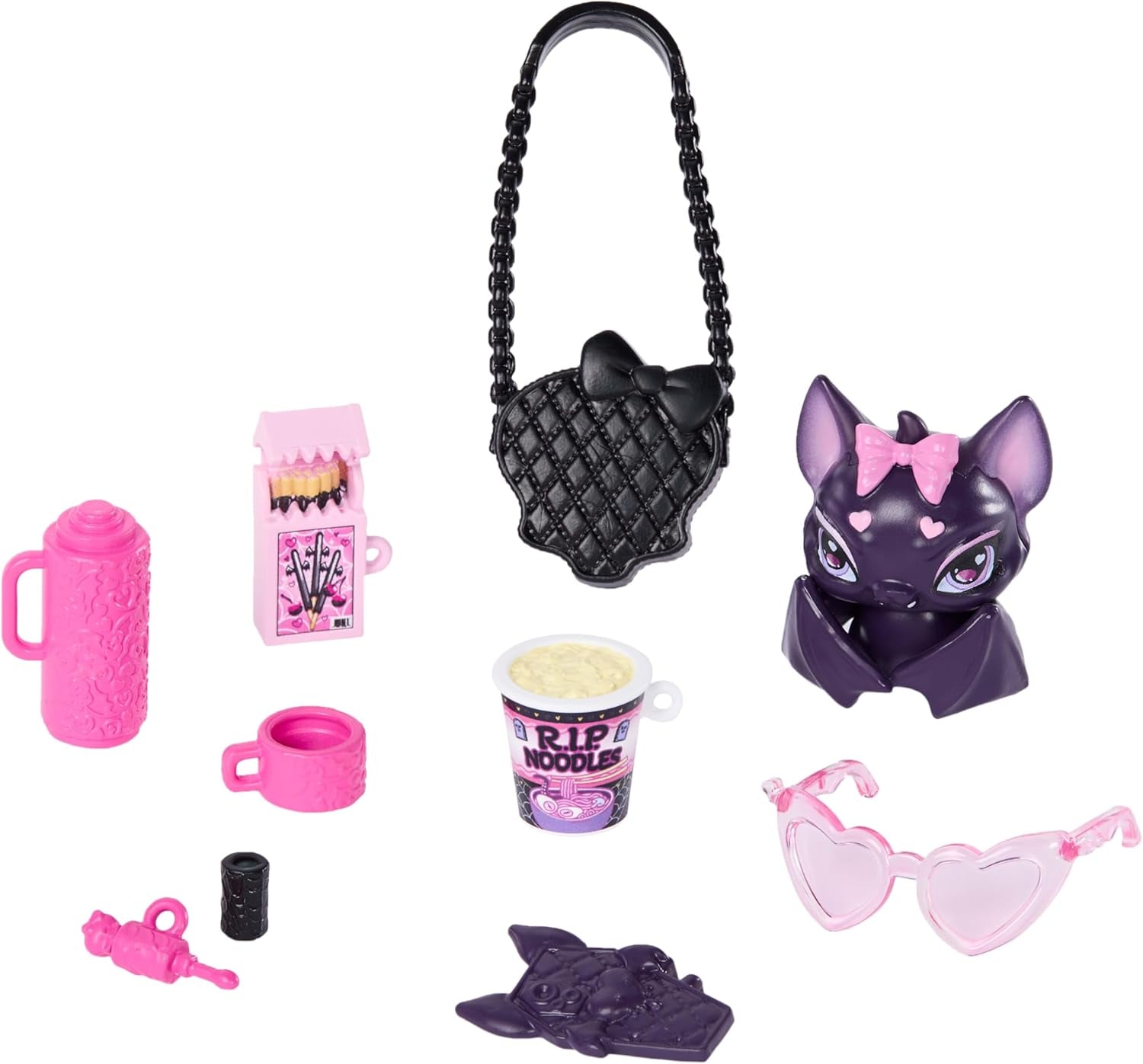 Monster High-pop Draculaura in roze jurk met strikken en zwart vest met Count Fabulous Bat en 7 accessoires, waaronder Ramen, lippenstift en tas, JHK29
