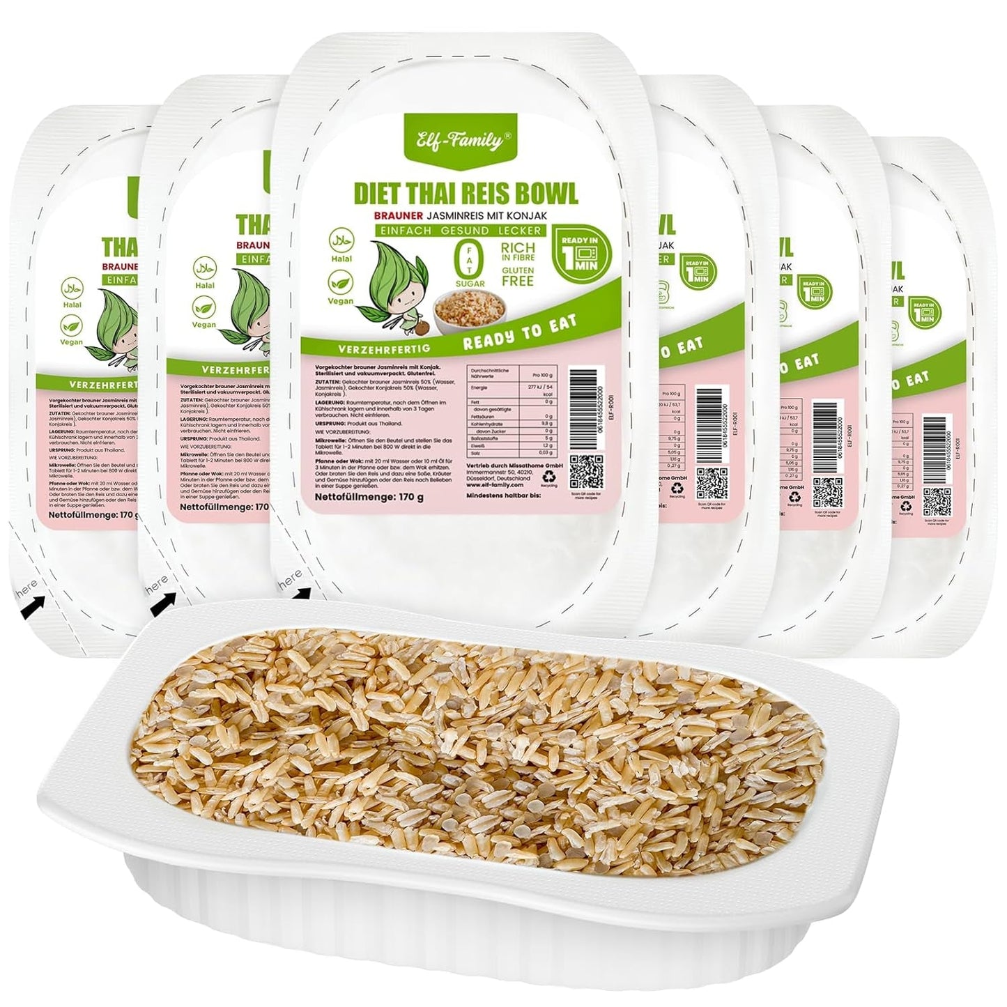 Elf-Family Konjak Reis Thai Brauner Shirataki Bowl -[Diätbox voor 1 Wo.] - Instant Jasmin Reis - Fertiggerichte voor Mikrowelle - Natürlich Superfoods Mikronährstoffe - Vegan/Low Carb/Fettfrei- 6er Box