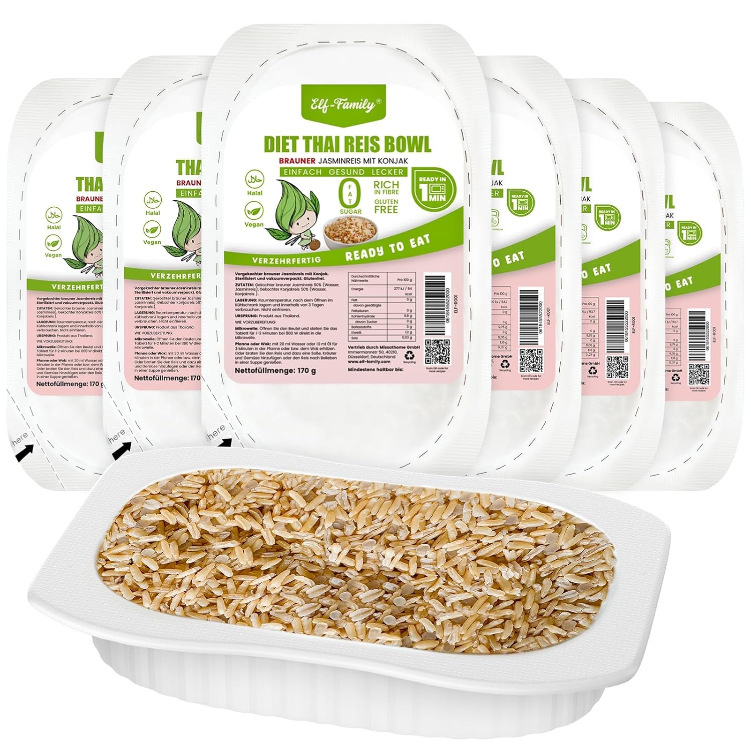 Elf-Family Konjak Reis Thai Brauner Shirataki Bowl -[Diätbox voor 1 Wo.] - Instant Jasmin Reis - Fertiggerichte voor Mikrowelle - Natürlich Superfoods Mikronährstoffe - Vegan/Low Carb/Fettfrei- 6er Box