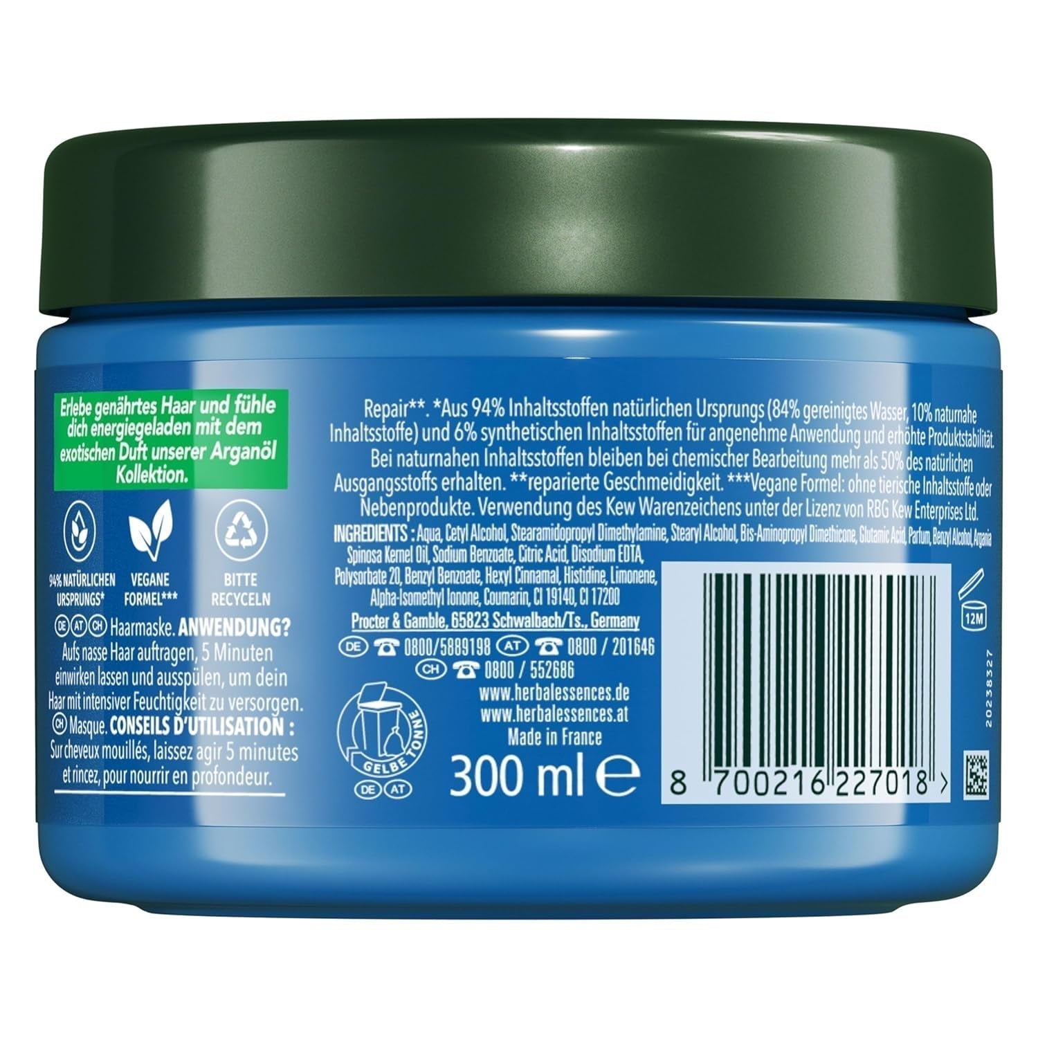 Herbal Essences Haarherstelmasker met arganolie 300ml. Van beschadigd haar naar gladder en glanzender haar. Intensieve zorg. Met ingrediënten van natuurlijke oorsprong. Veganistisch Naty Shop haarmasker