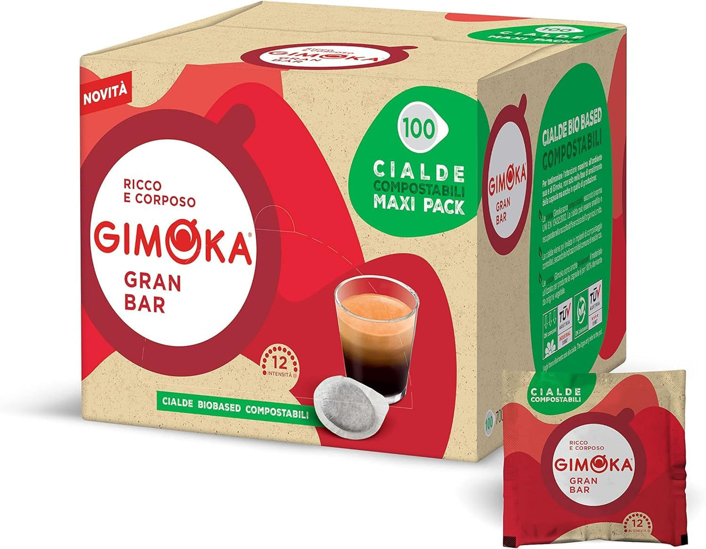 Gimoka Kompostierbare Kaffeepads, Gran Bar Intenso Kaffeemischung, Intensität 12-100 Pads - Compatibel met ESE Systeem Papierblokken 44 mm