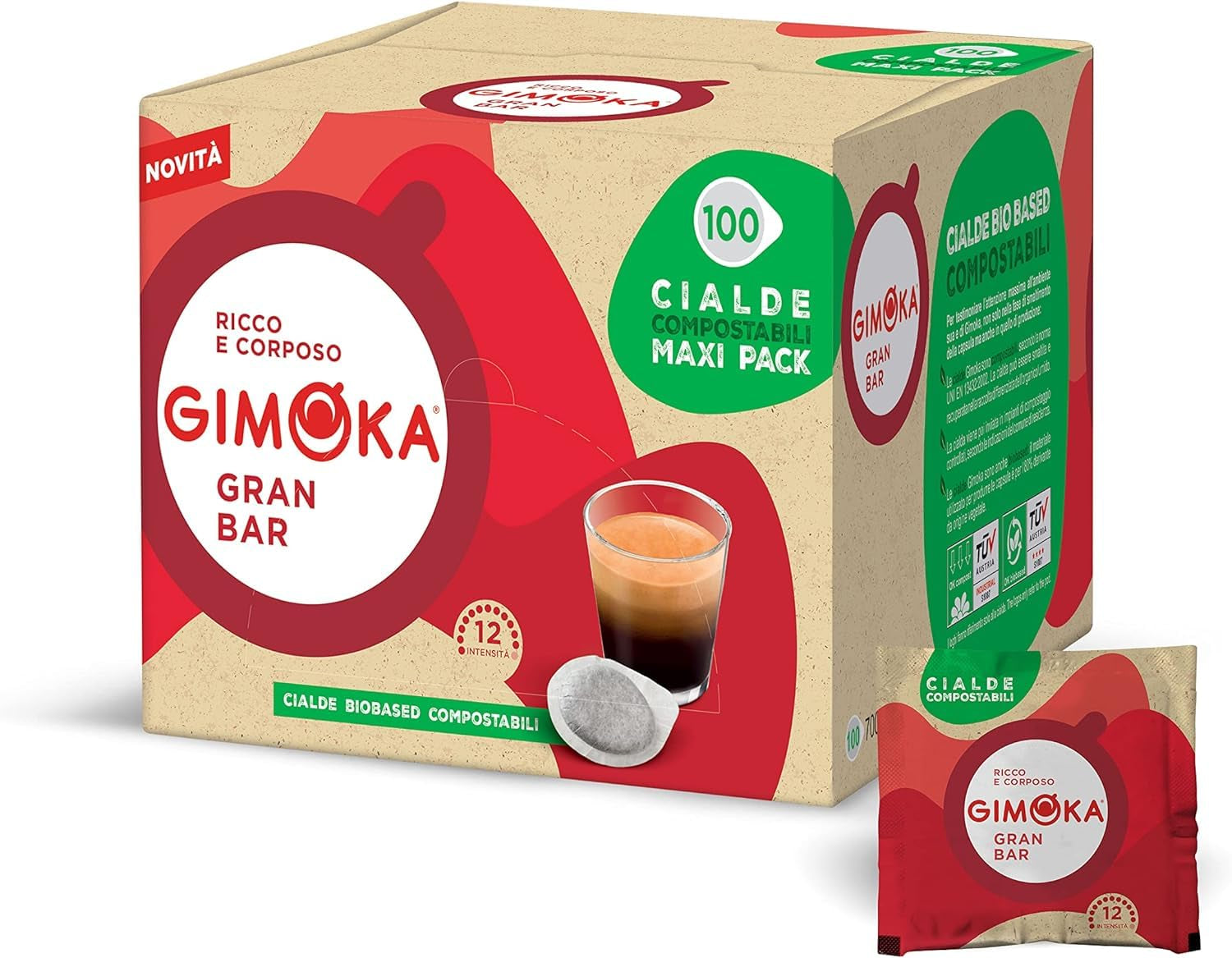 Gimoka Kompostierbare Kaffeepads, Gran Bar Intenso Kaffeemischung, Intensität 12-100 Pads - Compatibel met ESE Systeem Papierblokken 44 mm