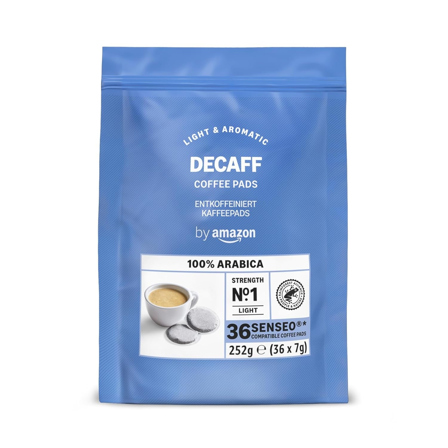 by Amazon Entkoffeinierte 100% Arabica-Kaffeepads, geeignet für Senseo-Maschinen, medium Röstung, 36 Stück (1 Packung mit 36 ​​​​Stück) – Rainforest Alliance-zertifiziert