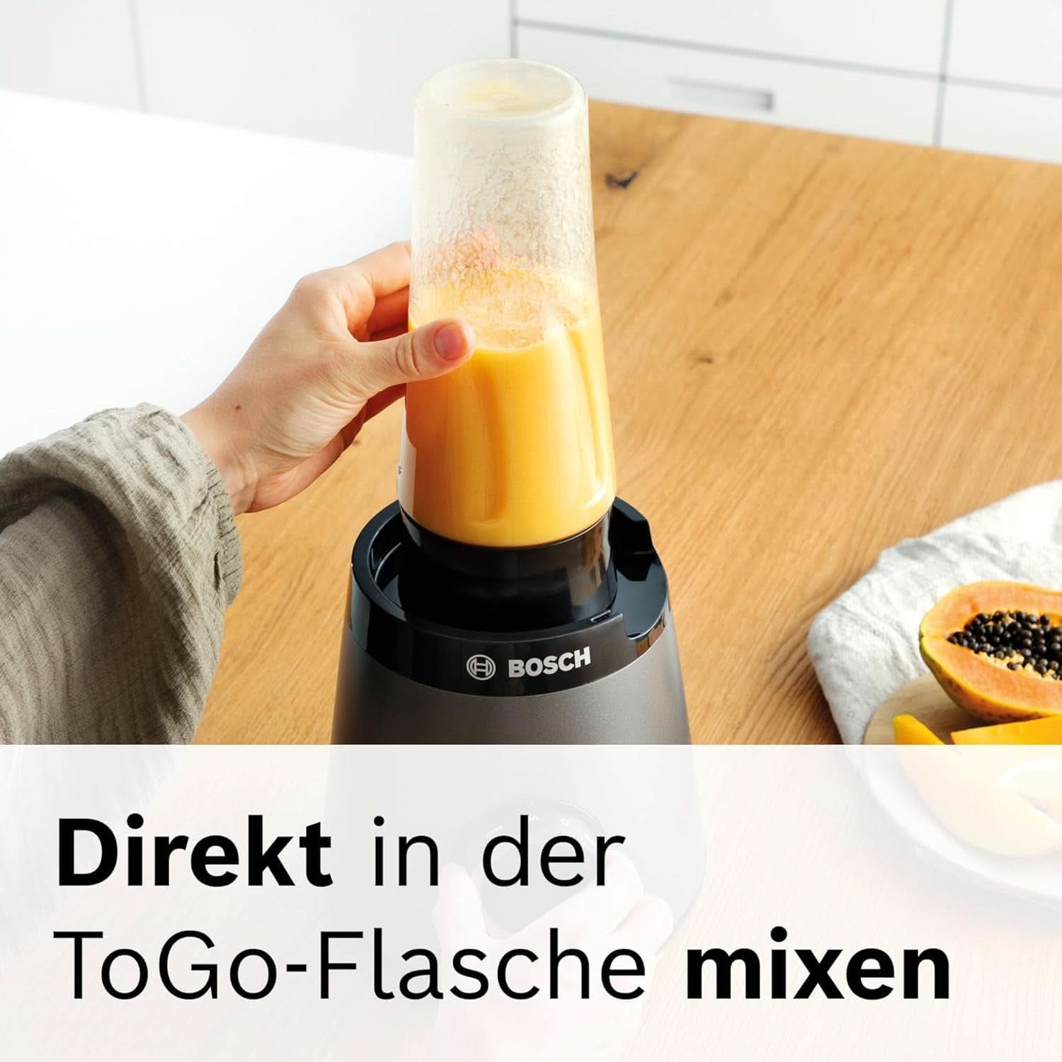 Bosch Standmixer Vitapower Serie 4 MMB6174SN, Verbesserte Versie, Hoge Edelstahl-Klingen, 1,5L Glasbehälter, 0,6L To-Go-Flasche, Spülmaschinenfeste Teile, 30.000 U/Min, 1200 W, Silver Kitchen Naty Shop