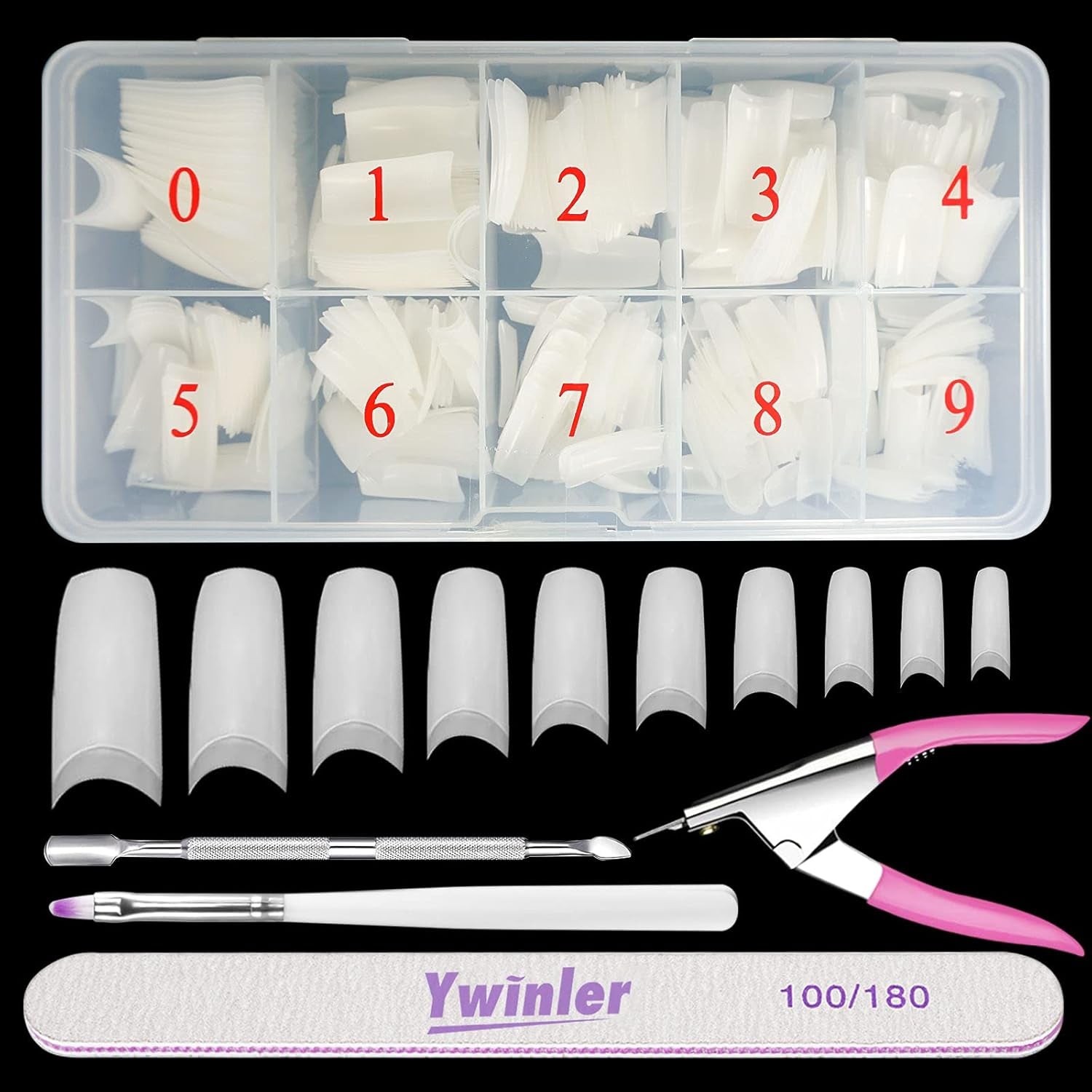 Kunstnagels 500 stuks natuurlijke kleur kunstmatige kunstnagels 10 maten DIY acryl met doos nagelborstel nagelriemschuiver nagelvijl