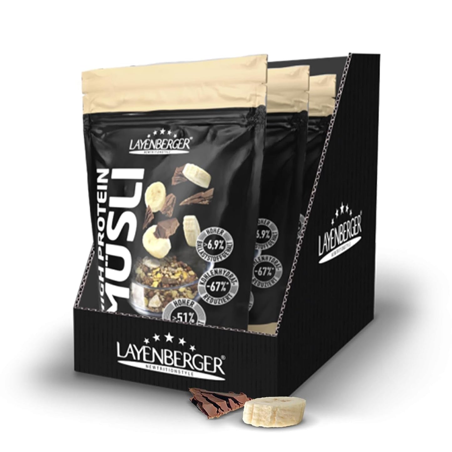 Layenberger 3K eiwitrijke muesli, 50% eiweiß en 18% kolenhydraat - enkel pakket (1X 390 G) - Schoko-Nuss Cereale Naty Shop 1,17 kg (1Er-pakket) Schoko-banaan