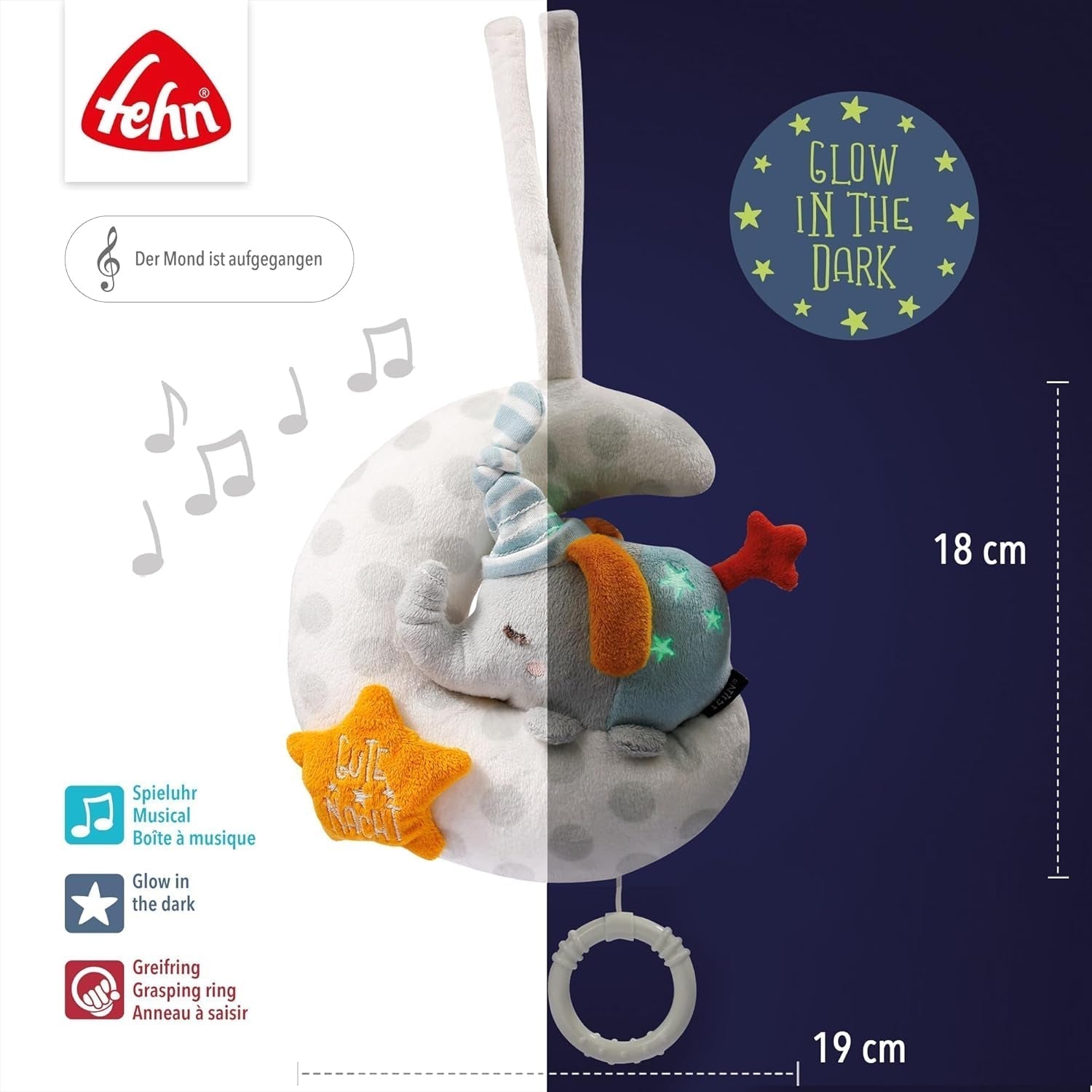 Fehn muziekdoos babyolifant in de maan - borduursel "Glow-in-the-dark" met het liedje "The moon has risen" - knuffel om je te helpen in slaap te vallen - speelgoed voor kinderen onderweg en thuis - vanaf 0+ maanden Babyspeelgoed Naty Shop