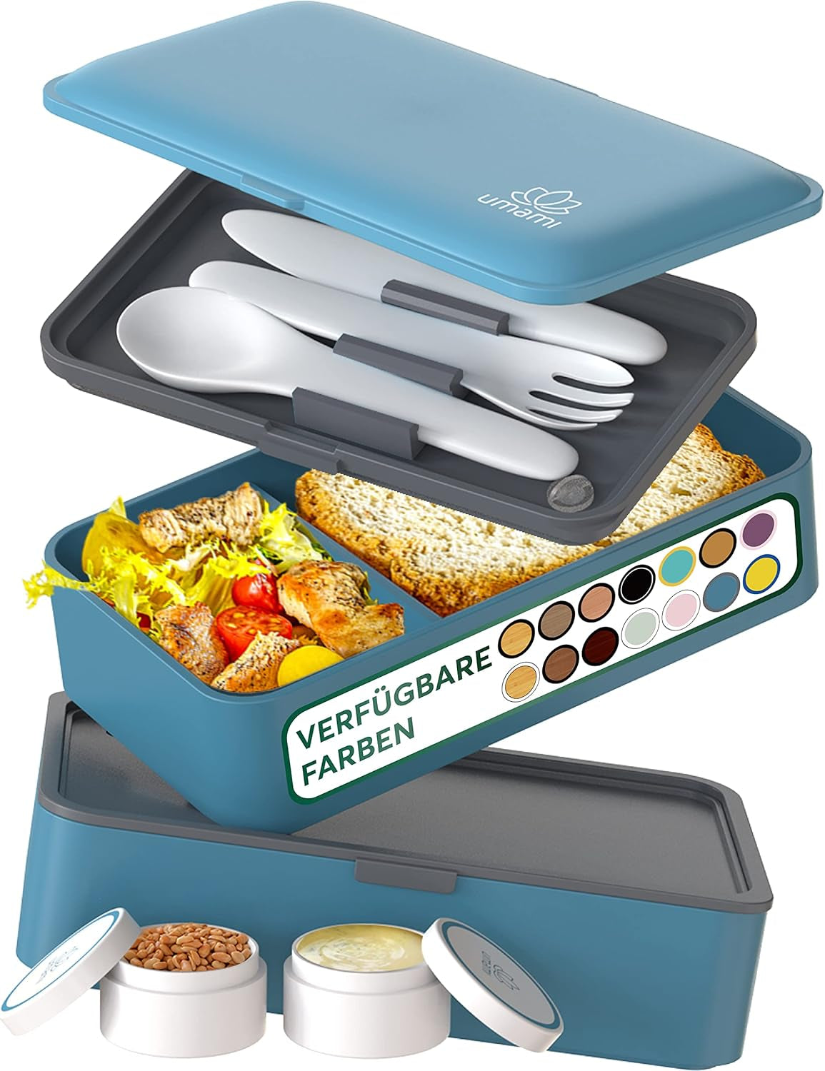 Umami lunchbox voor volwassenen, stapelbare bentobox met 4 bestek en vakken, lunchbox voor volwassenen, saladecontainer voor onderweg, picknick-/kantoorlunchbox, antracietgrijs, 1500 ml voedselbewaardozen Naty Shop denimblauw L - 1200 ml