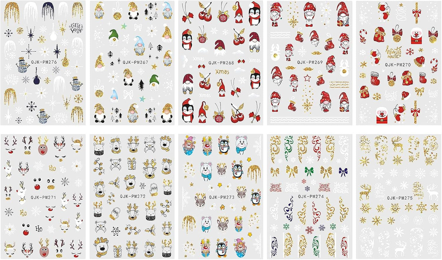 JMEOWIO Nagelsticker Weihnachten 10 Blatt Nail Art Sticker Selbstklebend Nagelaufkleber Glitter Schneeflocke Xmas Winter Urlaub Gold Decoratie Nageldesign Zubehör