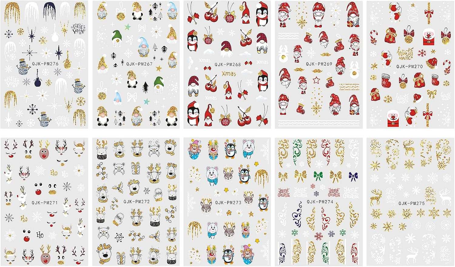 JMEOWIO Nagelsticker Weihnachten 10 Blatt Nail Art Sticker Selbstklebend Nagelaufkleber Glitter Schneeflocke Xmas Winter Urlaub Gold Decoratie Nageldesign Zubehör