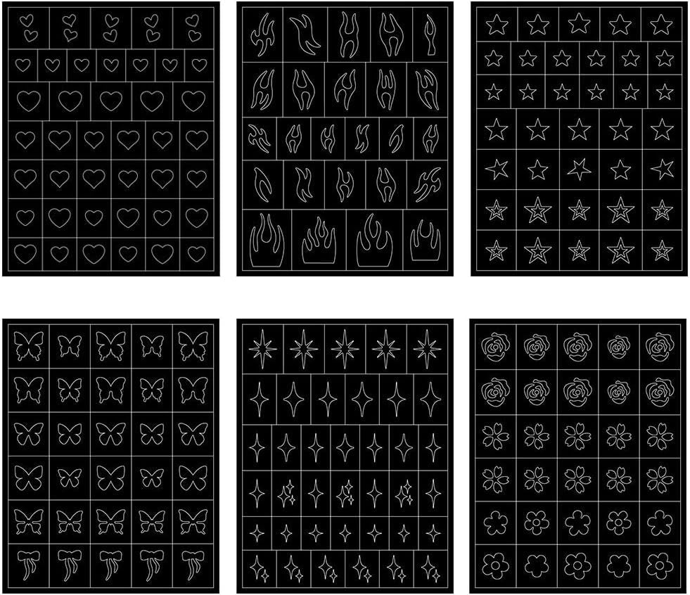 6 vellen airbrush-sjabloon nagelstickers, vlindervlam sterren hart sterren nagelstickers afdrukken stencilgereedschap nagelkunst zelfklevende stickers voor vrouwen nagelkunstontwerpstickers