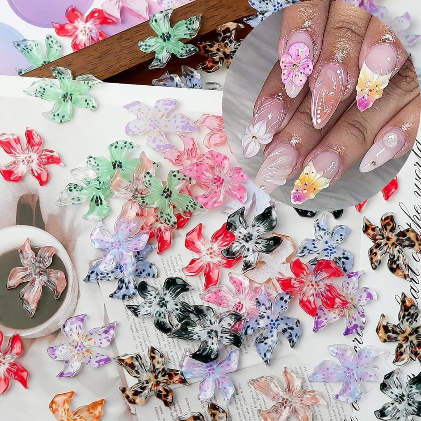 50 stuks 3D bloem nagelbedels, 3D gel nail art, nagelbedels, kleurrijke zomersieraden, doe-het-zelf nagelaccessoires, reliëf hibiscusbloemkristallen, gradiënt nagelkunst voor vrouwen