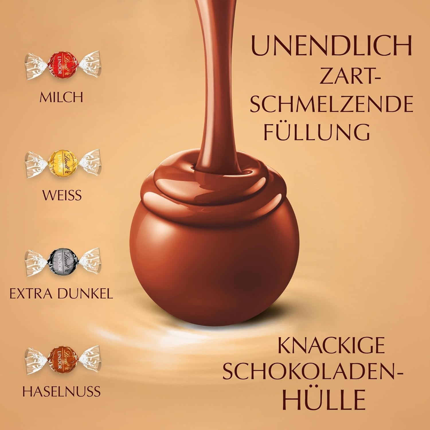 Klassiek assortiment Lindt chocoladebolletjes LINDOR | ca. 80 bolletjes chocolade (melk, wit, puur 60%, hazelnoot) | Grootverpakking, 1 kg