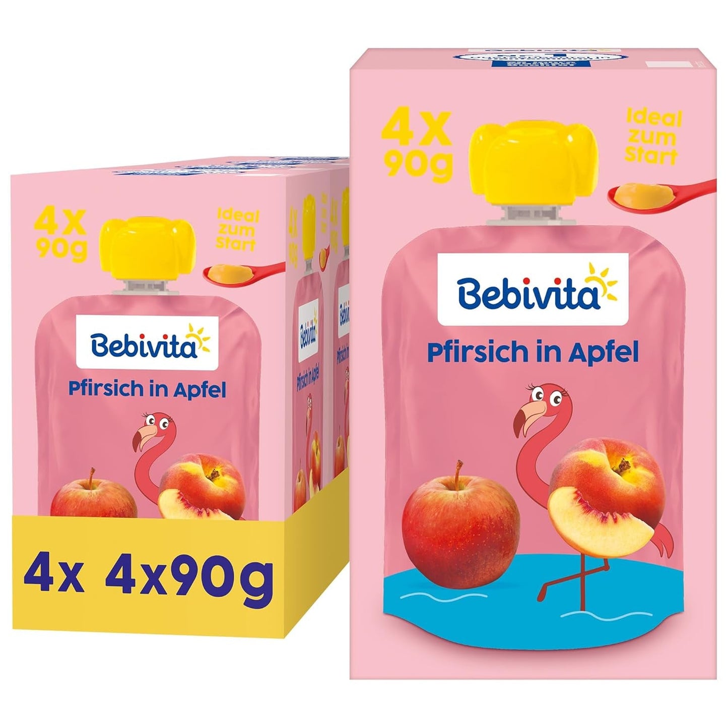 Perzikappel-squeezable zakjes - 16 stuks (4 pakjes, 4 x 90 g elk), geen toegevoegde suikers, glutenvrij, veganistisch, ideaal voor baby's vanaf 5 maanden, perfect om mee te nemen
