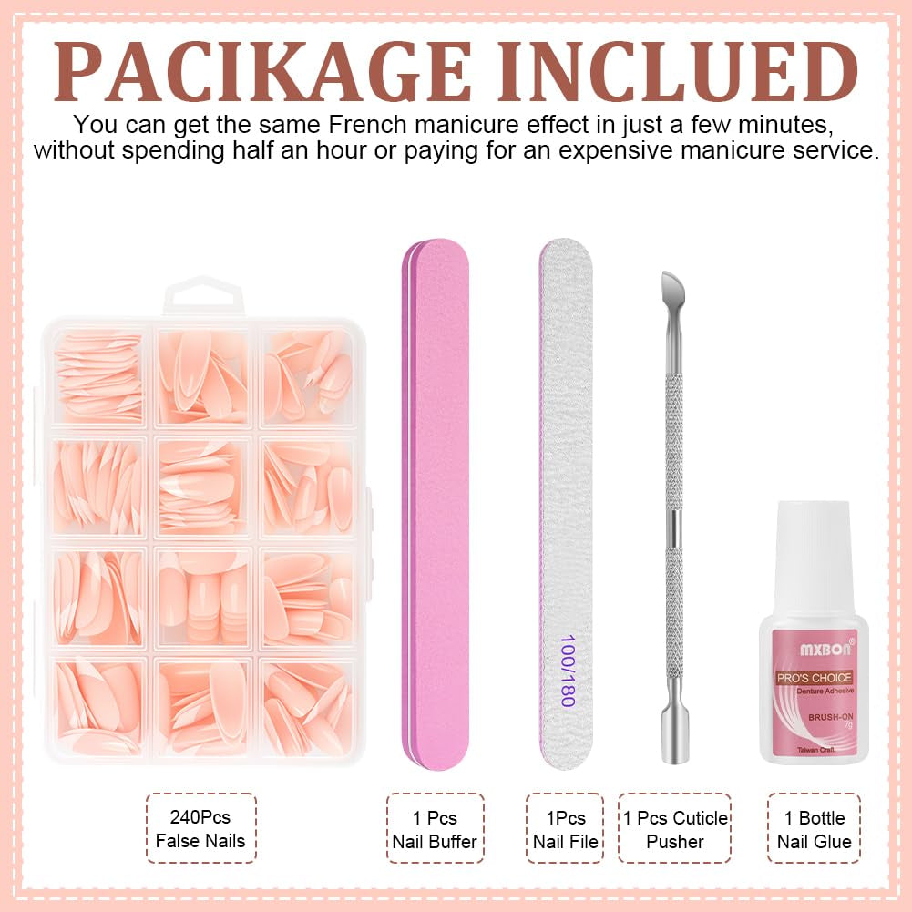 240-delige set valse nageltips, French Press op kunstnagels, pers op Franse nagels, 12 maten, nepnagels met lijm voor dames en heren (naakt wit medium amandel)