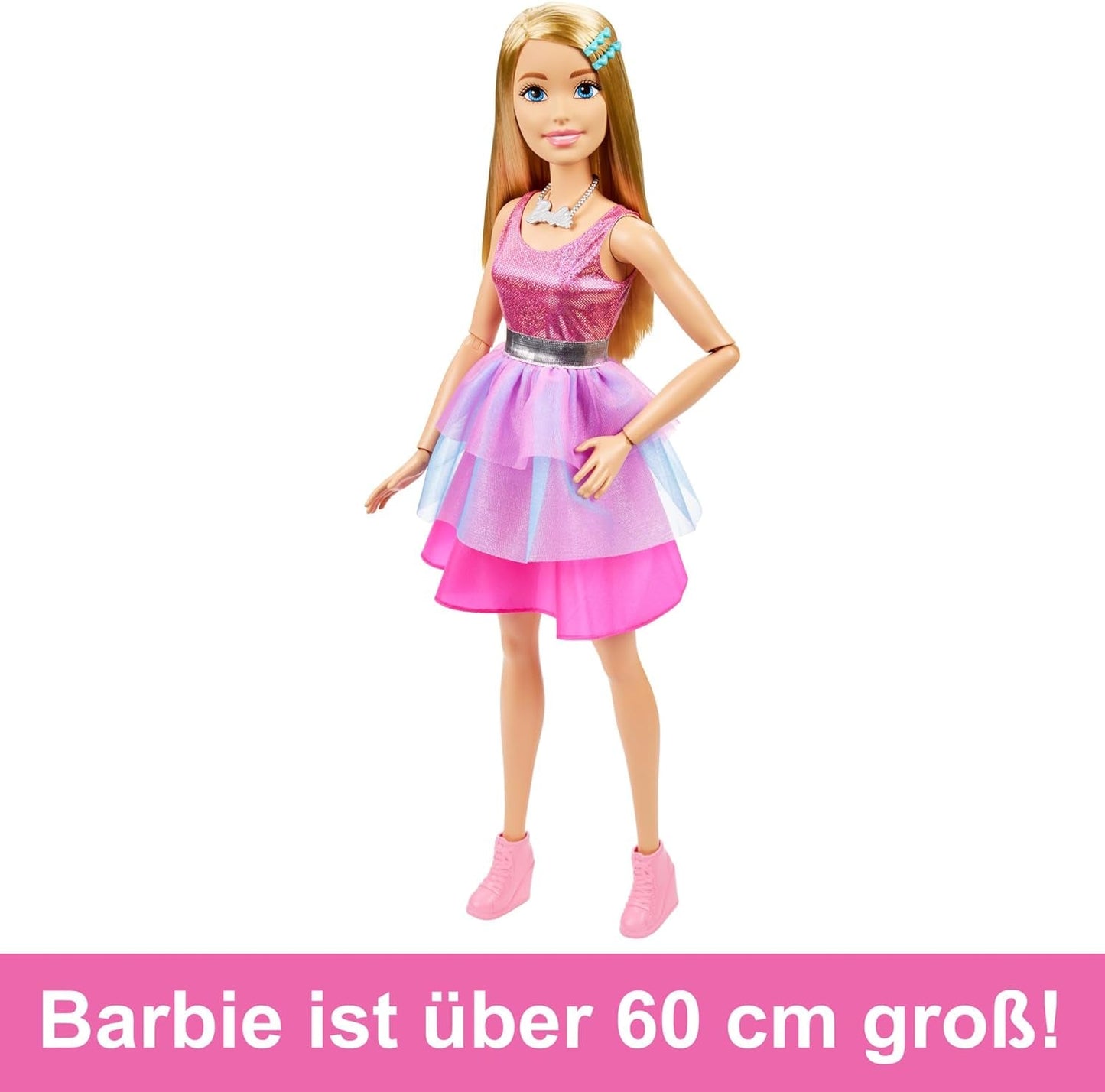 Barbie extra grote pop (71 cm) - roze jurk, blond haar met clip en ketting, cadeau voor 3 jaar en ouder, HJY02