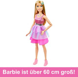 Barbie extra grote pop (71 cm) - roze jurk, blond haar met clip en ketting, cadeau voor 3 jaar en ouder, HJY02