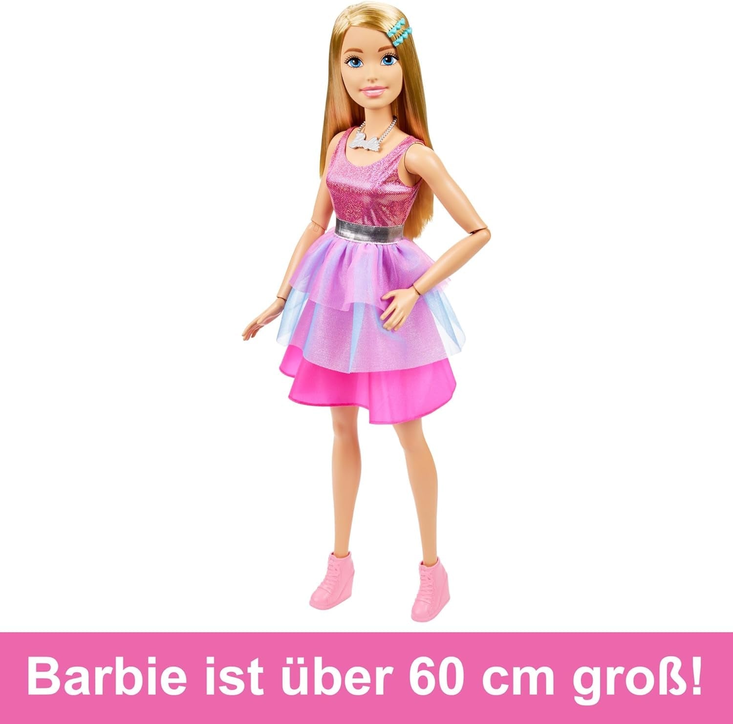 Barbie extra grote pop (71 cm) - roze jurk, blond haar met clip en ketting, cadeau voor 3 jaar en ouder, HJY02