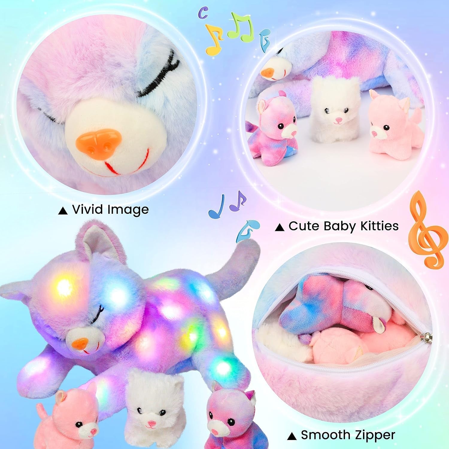 LED-muzikale pluche kat, licht zingend speelgoed, moederkat met 3 kittens in de buik, geanimeerd slaapliedje, rustgevend speelgoed voor moeders, kinderen, kleine meisjes, regenboog, 45 cm