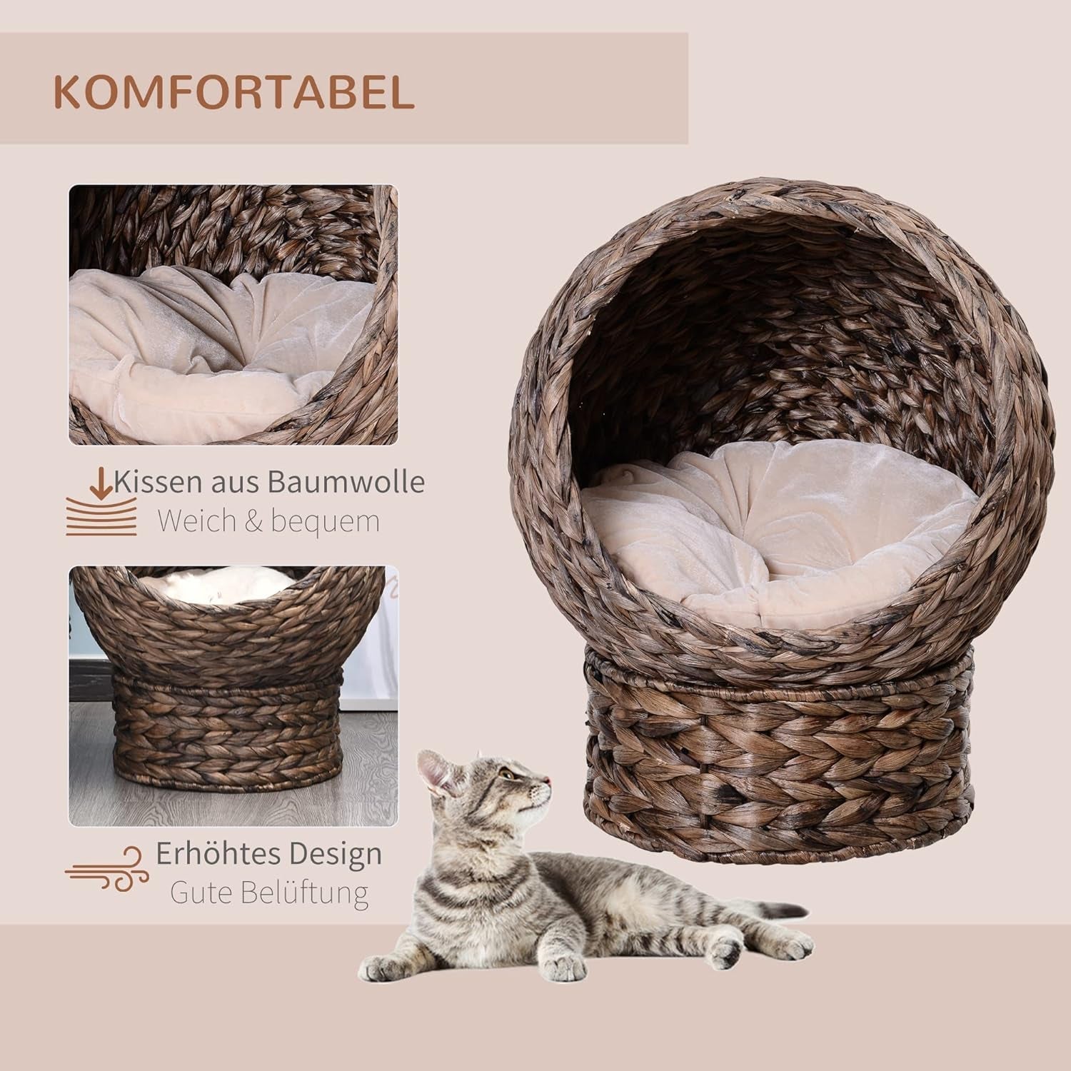 PawHut Rotan Katzenkorb Katzenhöhle Katzenhütte Katzenbett mit Kissen Haustierbett Wasserhyazinthe Kaffee 50 x 42 x 60 cm