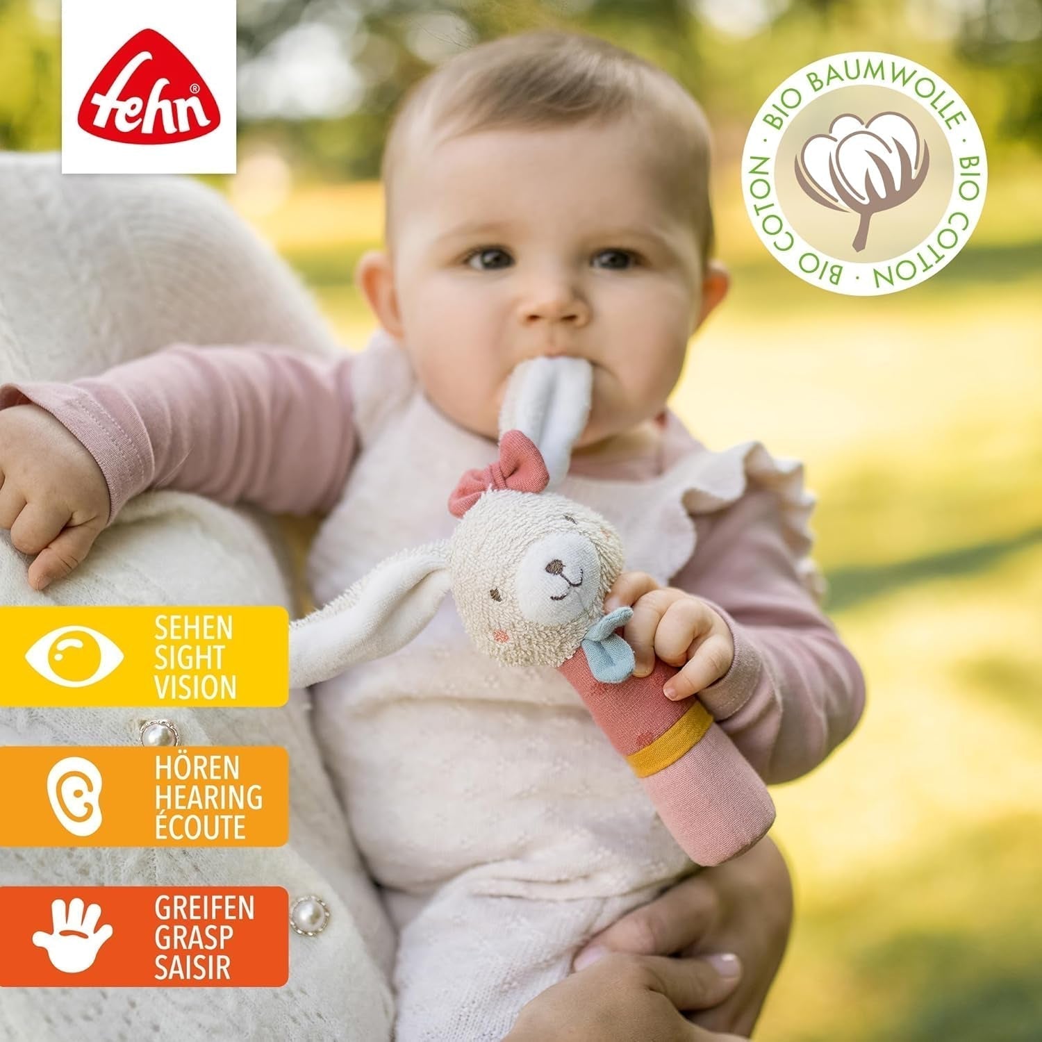 Fehn grijpstokspeelgoed voor kinderen fehnNatur konijnenspeelgoed - motorisch speelgoed met rammelaar om te grijpen, knuffelen - grijpspeelgoed met biologisch katoen - speelgoed voor baby's en peuters vanaf 0+ maanden Babyspeelgoed Naty Shop