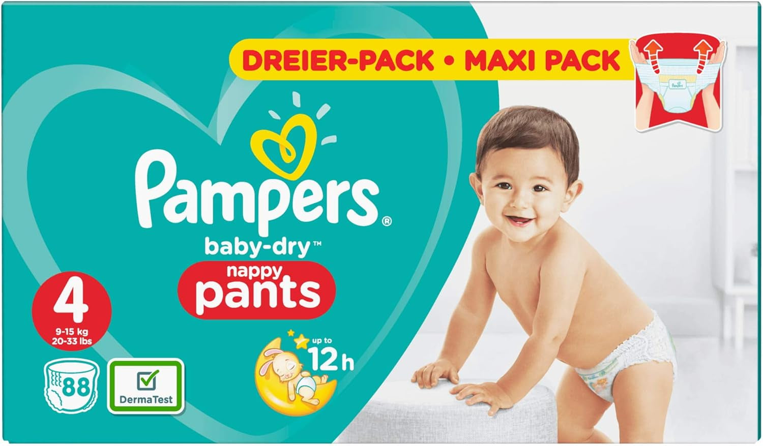 Pampers (oude versie), slipje, maat 4, 9 kg-15 kg, pakket van drie (1 x 88 luiers)