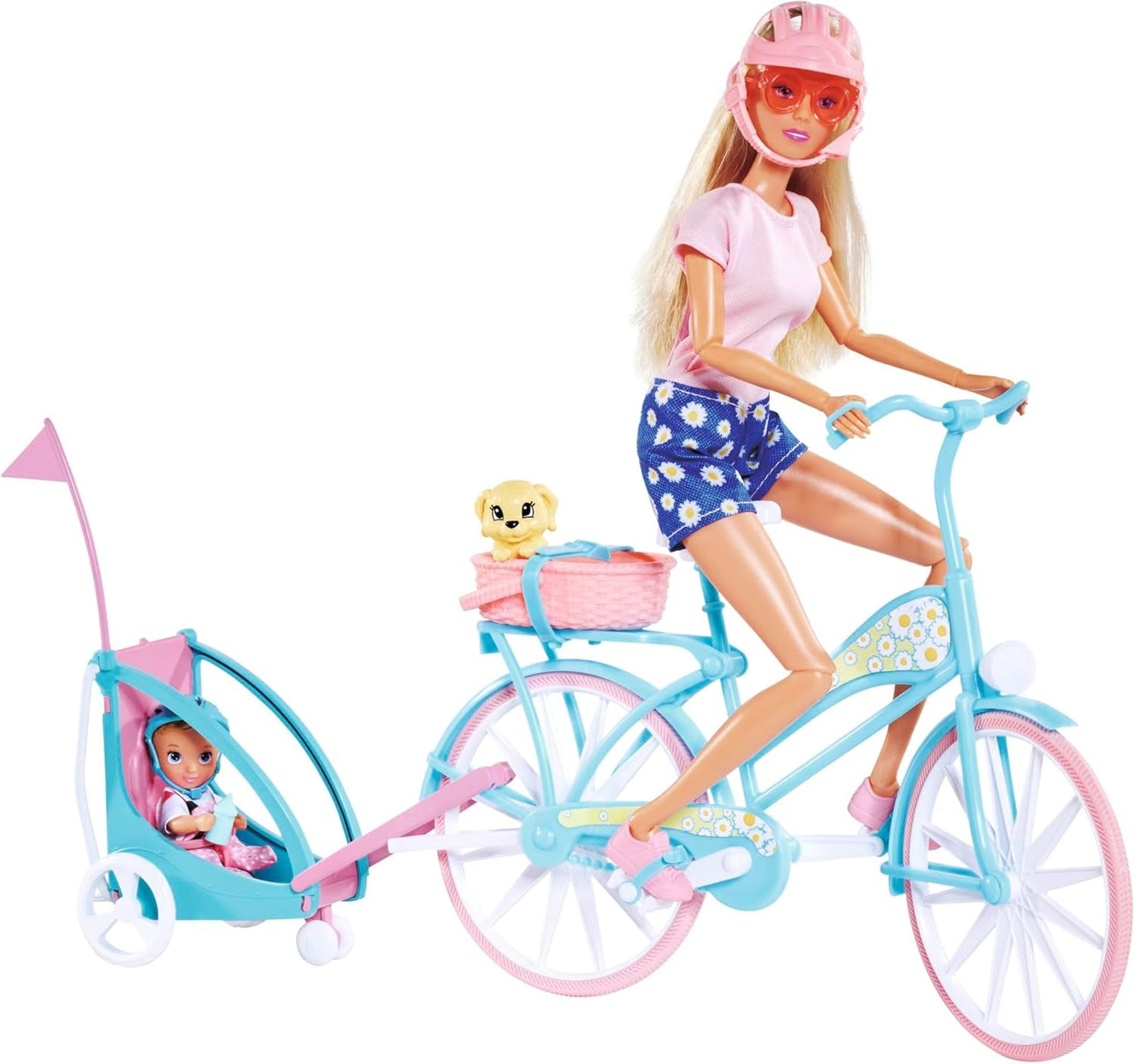 Steffi Love fietskar, pop op fiets met aanhanger voor baby, hond en koptelefoon, vanaf 3 jaar