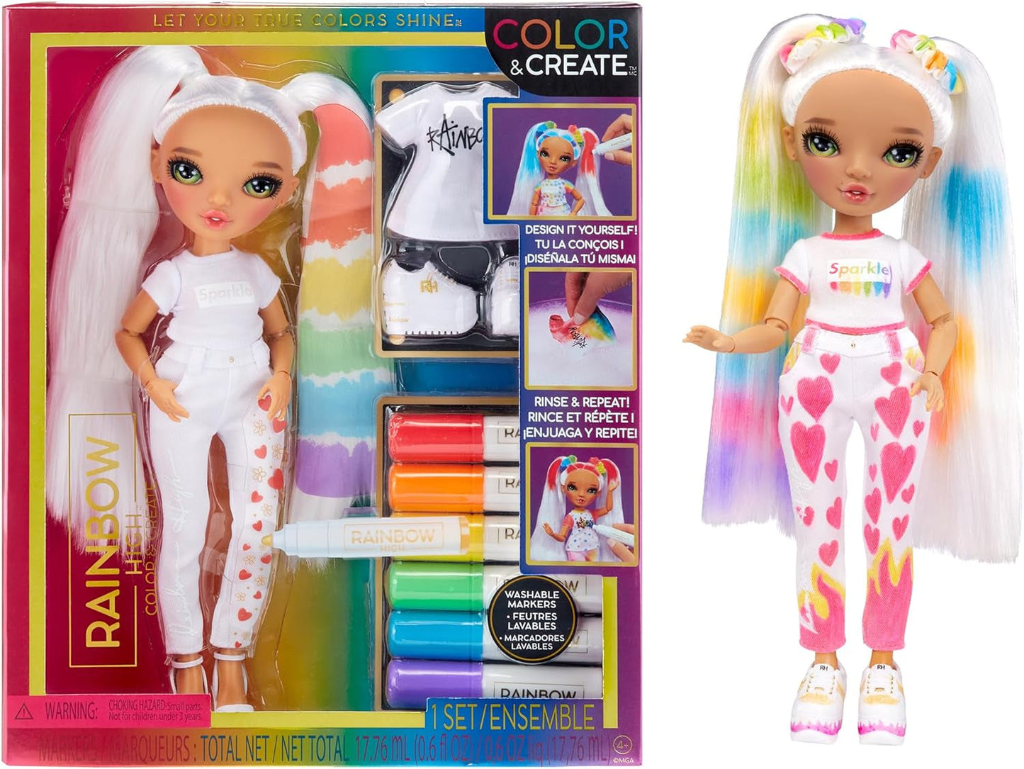 Rainbow High Color & Create DIY Modepuppe - Grüne Augen, Zopfe, extra Top & Schuhe, abwaschbare Regenbogenstifte - Ausmalen, Gestalten, Spielen, Auswaschen - voor kinderen van 4-12 jaar en Sammler