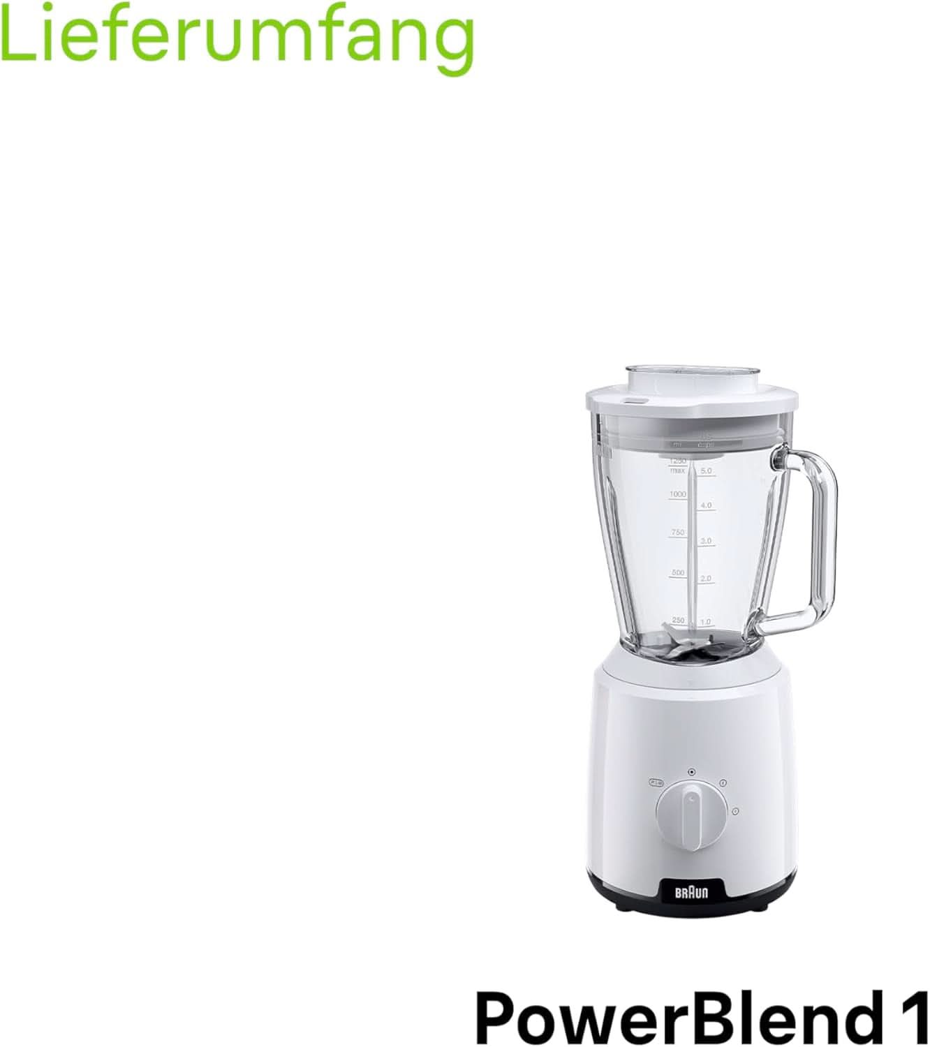 Braun Powerblend 1 JB1050WH - Standmixer Met 1,5 L Glas-Mixaufsatz, Küchenhelfer Zum Zerkleinern, Pürieren & Mixen, Ice-Crush-Funktion, 2 Geschwindigkeiten, 600 Watt, Weiß Kitchen Naty Shop