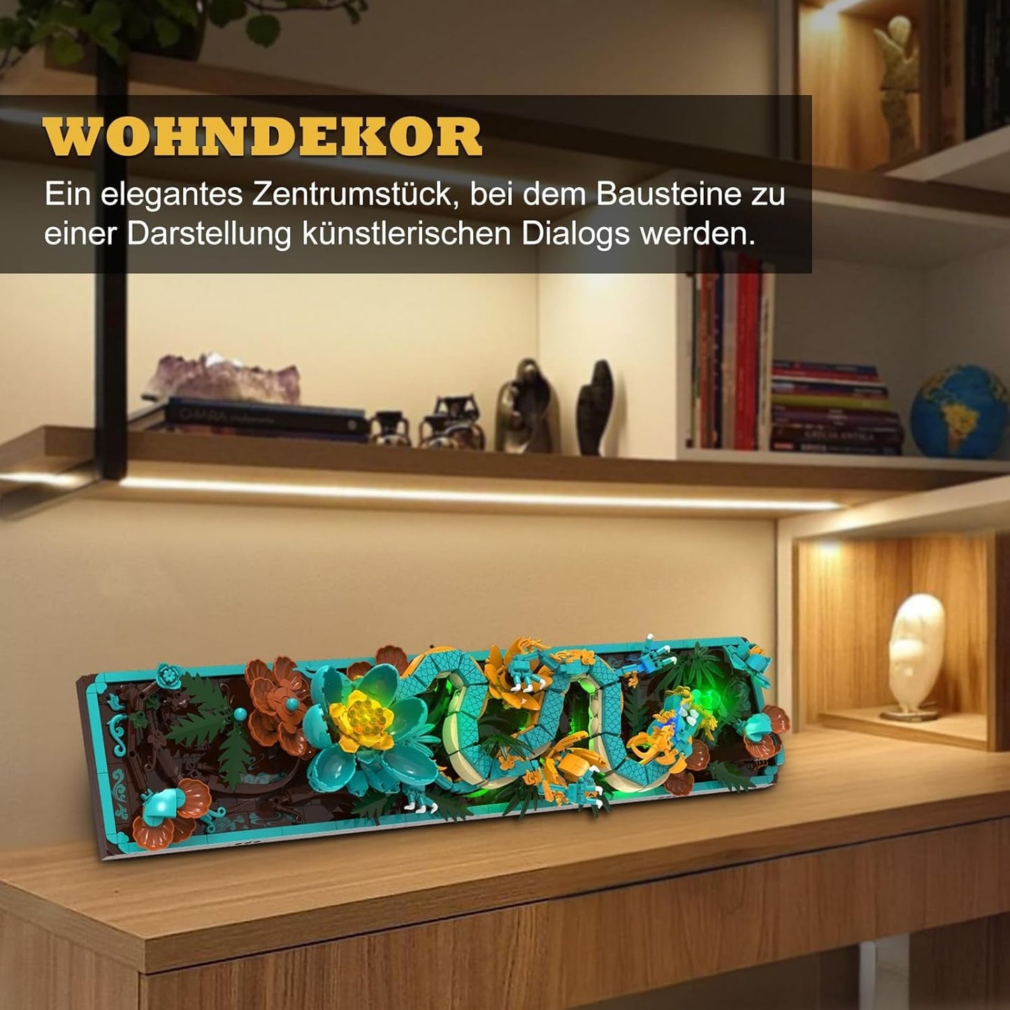 Mythische Dragon Tile-bouwset voor volwassenen, 3D Divine Loong Art-bouwspeelgoed met LED-verlichting en bloemen, DIY Dragon Relief-modelset, creatieve geschenken en decoraties (1676 stuks)